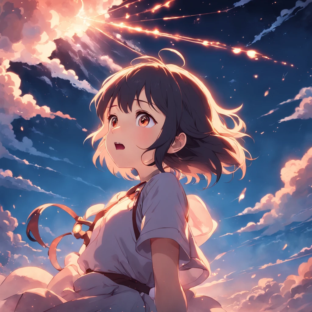 high detal,hyper-detailing,tmasterpiece,best qualtiy,cinematic Film still from,1girl,Very cool girl in sailor suit,Floating in the sky,closeup cleavage,brightly,cheerfulness,Warm and soft lighting,the sunset,meteors(spark of light:0.7)