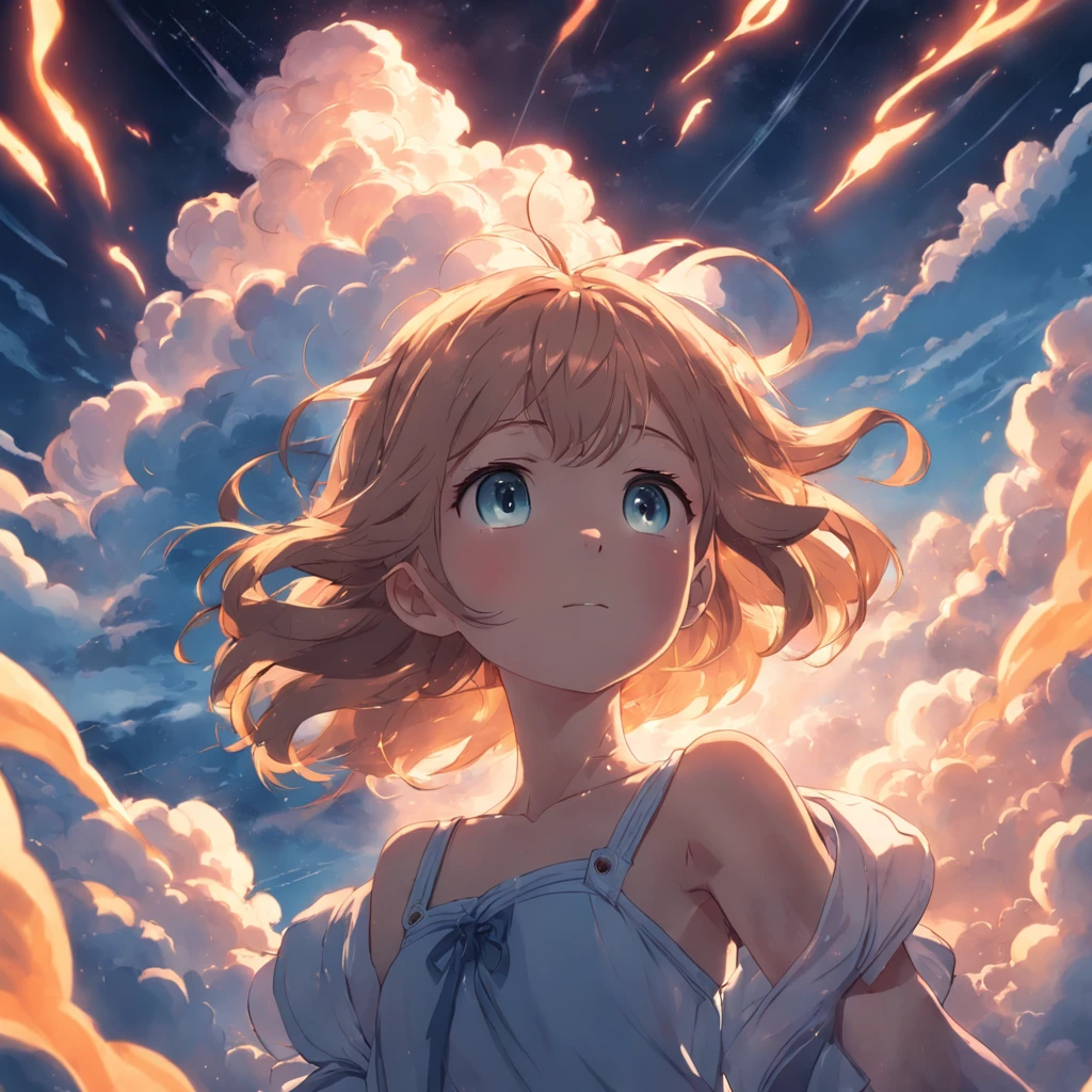 masterpiece, best quality, movie still, 1girl, cloud girl, floating in the sky, close-up, bright, happy, warm soft lighting, sunset, (sparks:0.7)