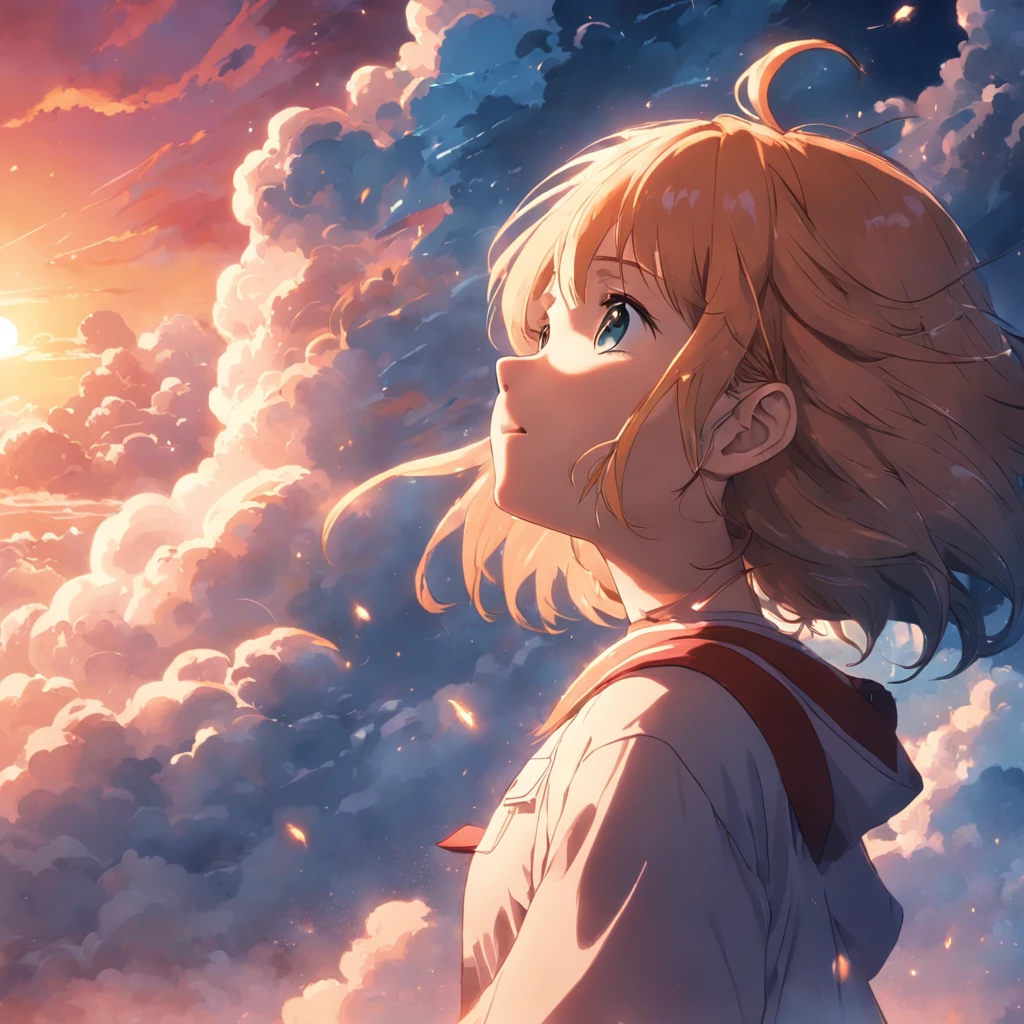 masterpiece, best quality, movie still, 1girl, cloud girl, floating in the sky, close-up, bright, happy, warm soft lighting, sunset, (sparks:0.7)