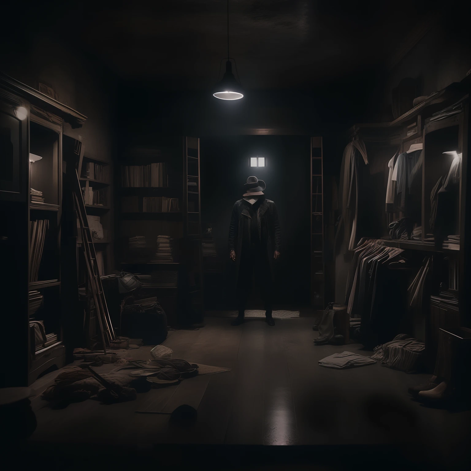 Um beco escuro, It's already night, a dark environment with low lighting. Nele tem um homem misterioso, magro e alto com roupas velhas