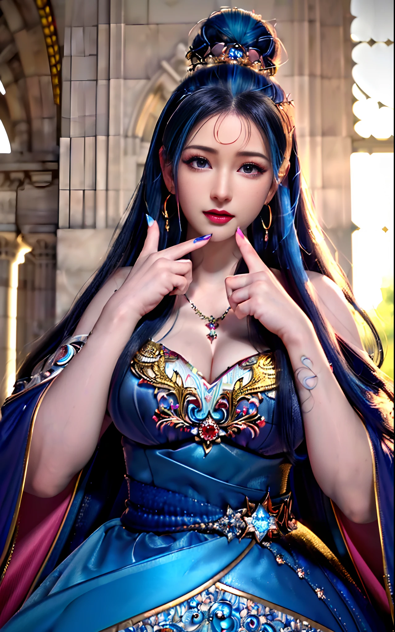 ((realisticity: 1.2)), ((realistic: 8K UHD)), ((best resolution: 8K UHD)), hyper detailed, best quality,masterpiece,highres,cg, ((1 girl hyper detailed and hyper realistic) ) , ((beautiful queen, hyper realistic and hyper detailed)),((white skin, beautiful, smooth, youthful, hyper realistic and hyper detailed )), ((Face hyper beautiful, white, hyper realistic and hyper detailed ) ), long hair, ((hyper realistic and hyper detailed dress)), solo, ((hyper realistic, hyper beautiful, beautiful and hyper detailed jewelry)), ((hyper beautiful deep red and golden yellow dress, hyper realistic and hyper detailed )) , ((Her pretty, hyper realistic, hyper detailed diamond filled earrings)), ((Her gorgeous diamond haircut, hyper realistic and hyper detailed)), ((hyper pretty upper body, hyper beautiful, hyper realistic and hyper detailed) ), ((medium breast: 1.5)), ((hyper realistic, hyper pretty, hyper detailed boobs)), ((the backgroun of the royal palace is hyper majestic, hyper realistic and hyper detailed)),((hands and palms hyper beautiful, hyper detailed, hyper realistic)), ((fingers: pinky finger, index finger, ring finger, middle finger, and thumb hyper realistic, hyper detailed, hyper beautiful)), ((hyper pretty, hyper pretty, hyper realistic and hyper detailed hair bun)), ((hyper pretty , hyper realistic and hyper detailed blue hair)), candid, Photo, high resolution, 8k , bokeh,