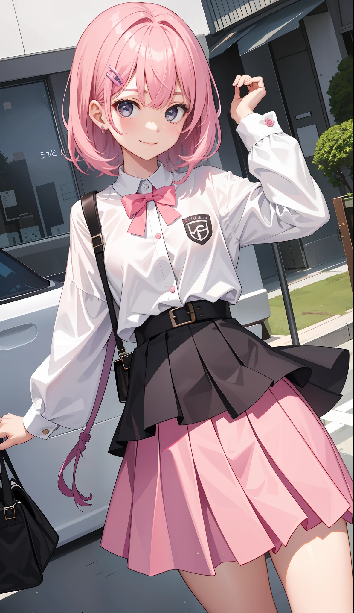 1girl in、AS-Adult、A smile、A delightful! The shirt、skirt by the、Pink hair(small tits)