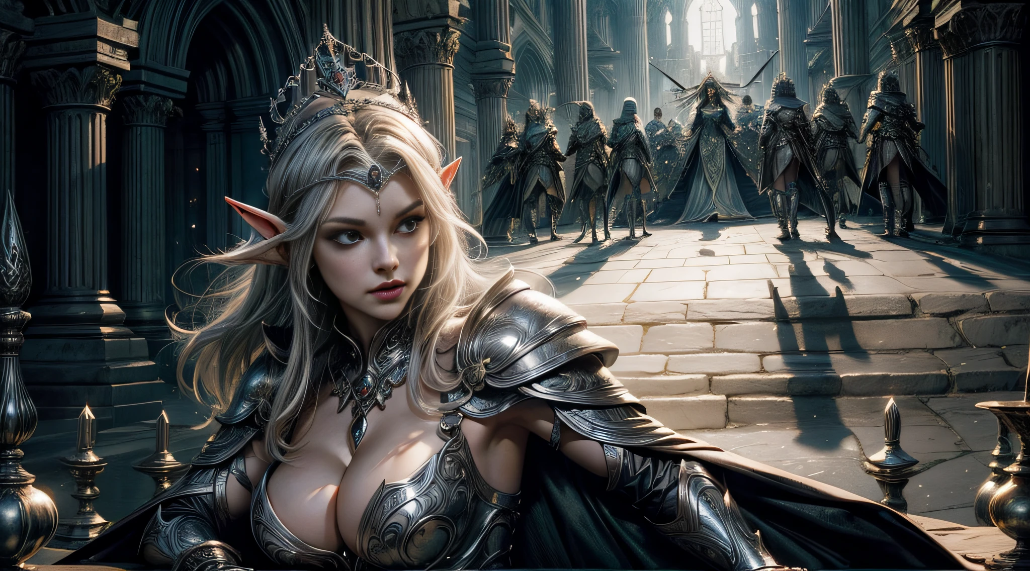 Female elf,Large breasts,Silver armor,tiara crown,dramatics,dynamicposes,The background is the palace,(Mid-range portrait:1.3),rays of sunshine,sceptre
