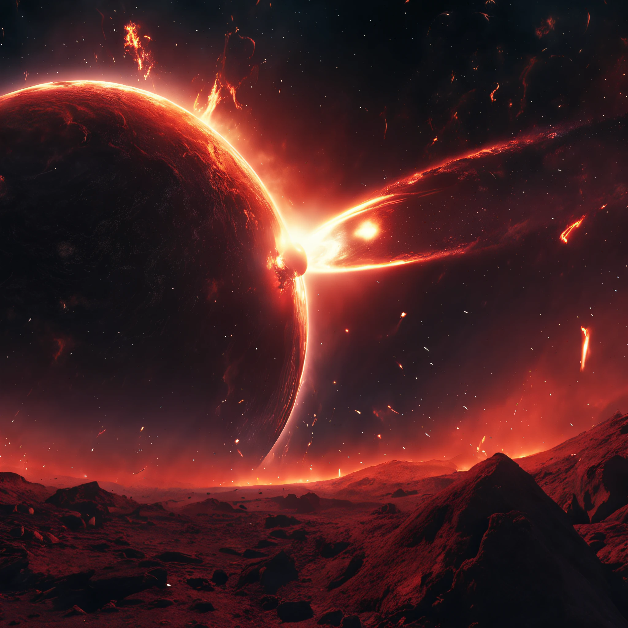 ((Best quality)), ((Masterpiece)), (dramatic scene), The Earth and the Sun collapse into black holes like the Sun, (Latter-day lighting:1.3), The sun darkens when ejected, (Epic composition:1.2), Earth bathed in red light, (CG animation:1.1), Flames and debris are inhaled, (Emergency atmosphere:1.2), People fleeing by boat, (movie atmosphere:1.3), Nebulae and galaxies in the background, (High contrast:1.1), (8K resolution:1.0),Five verses