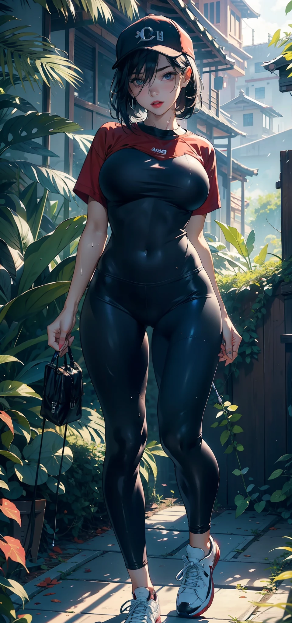 1female，36 years old，熟妇，mature，slim，Bigchest，Big breasts Thin waist，slenderlegs，Raised sexy，Pornographic exposure， 独奏，（Background with：bamboo forrest，clubs） She has very short black hair，standing on your feet，Sweat profusely，drenched all over the body，seen from the front， hair straight， mostly cloudy sky，（（（tmasterpiece），（Very detailed CG unity 8K wallpaper），best qualtiy，cinmatic lighting，detailed back ground，beatiful detailed eyes，Bright pupils，（Very fine and beautiful），（Beautiful and detailed eye description），Black eyes，Redlip，ultra - detailed，tmasterpiece，）），facing at camera，（The upper part of the body），A high resolution，ultra - detailed），revealing breasts，Bare genitalia，  Bulge，legs are open，sexyposture，Camel toes，Flushed complexion，Open-mouthed，frontage，（Wearing：baseball cap，Red baseball shirt，black colored leggings，athletic sneakers），Full body photo，Show shoes