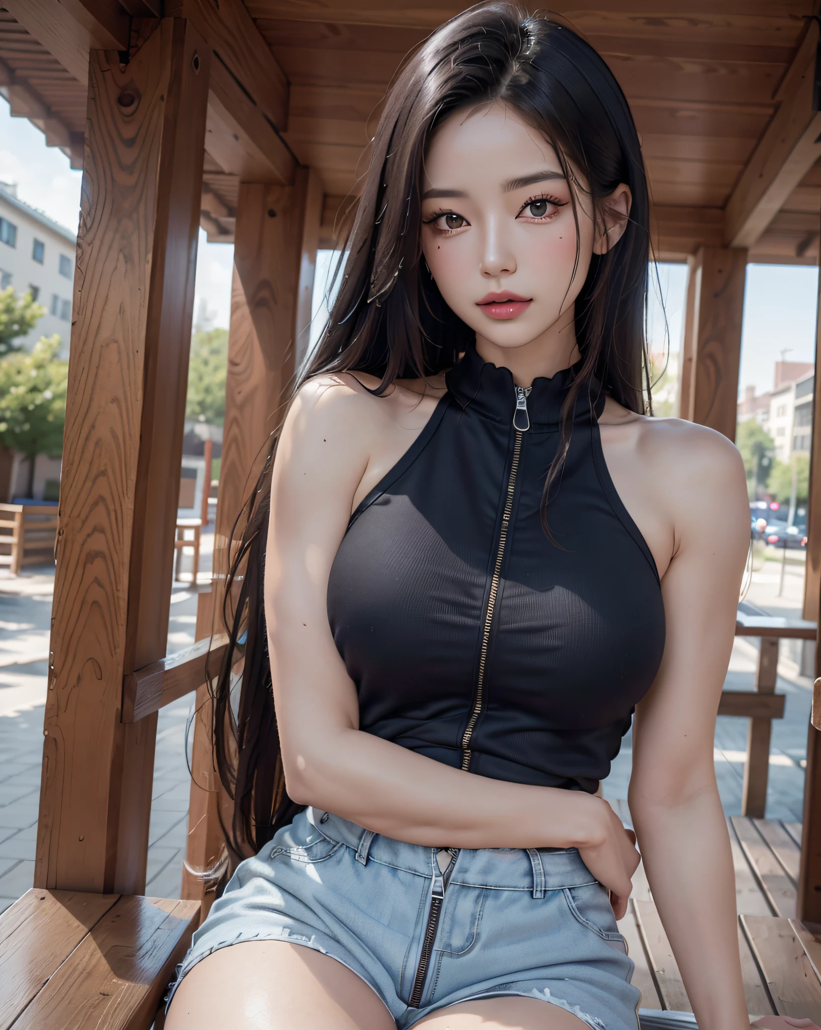 realistic, 1 women, best quality, 12k, HD, long hair, (big round breasts:1.5), cleavage, ponytail, necklace, jewelry, shorts, short jacket, slim hips, hair tie, yellow eyes, black hair, super detailed, Eye details, hair details, person details, mouth details, face details, breast details, clothes details, hair details, pants details, hand details, whole body