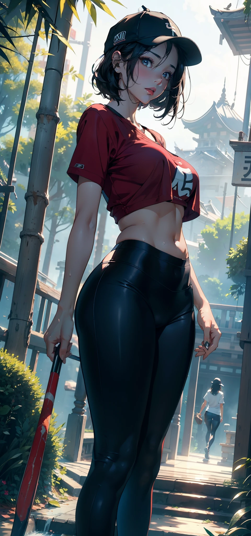 1female，36 years old，熟妇，mature，Bigchest，Big breasts Thin waist，long leges，Raised sexy，Pornographic exposure， 独奏，（Background with：bamboo forrest，clubs） She has very short black hair，standing on your feet，Sweat profusely，drenched all over the body，seen from the front， hair straight， mostly cloudy sky，（（（tmasterpiece），（Very detailed CG unity 8K wallpaper），best qualtiy，cinmatic lighting，detailed back ground，beatiful detailed eyes，Bright pupils，（Very fine and beautiful），（Beautiful and detailed eye description），Black eyes，Redlip，ultra - detailed，tmasterpiece，）），facing at camera，（The upper part of the body），A high resolution，ultra - detailed），revealing breasts，Bare genitalia，  Bulge，legs are open，sexyposture，Camel toes，Flushed complexion，Open-mouthed，frontage，（Wearing：baseball cap，Red baseball shirt，black colored leggings，athletic sneakers），Full body photo，Show shoes