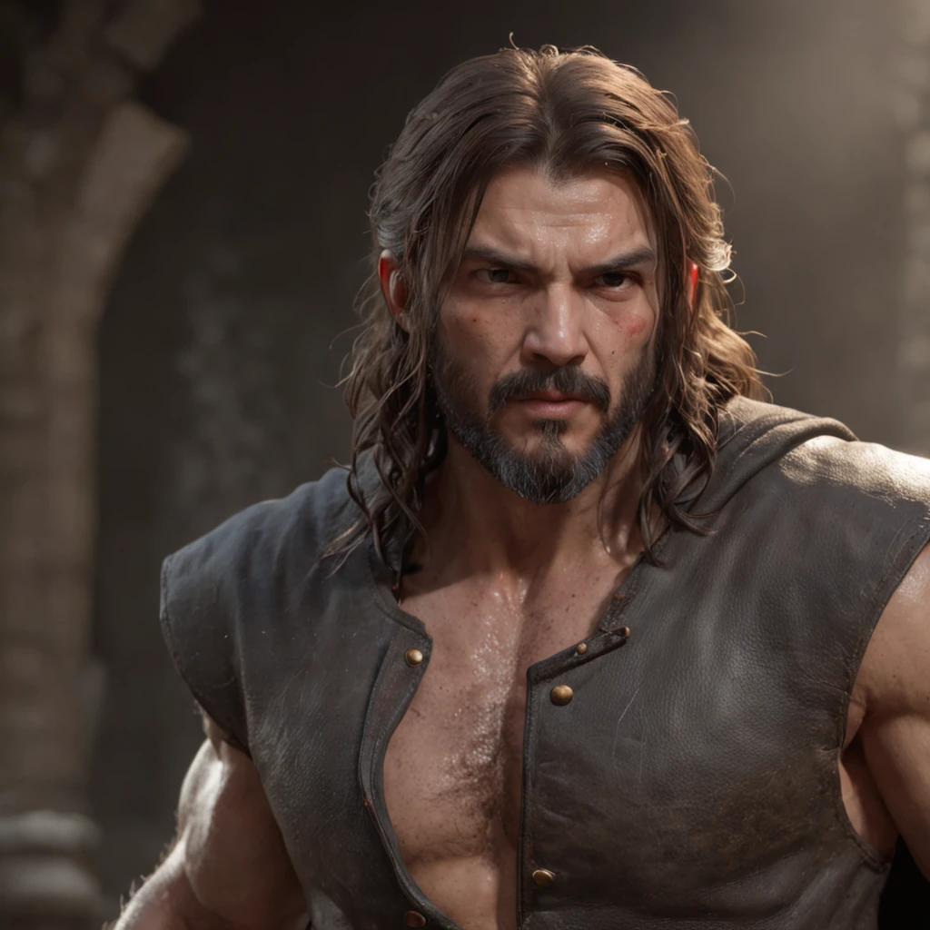 (Renderizado 3D profesional:1.3) de (realista:1.3) The most beautiful art photo in the world,Features soft and bright male heroes, ((Epic hero fantasy muscular rough man wet hero angry look long hair short beard and fierce expression in dynamic pose, Fantastic location, majestuoso entorno desordenado)), Renderizado 8k Unity de cuerpo completo, action shot, poro de la piel, very dark lighting, Sombreado pesado, Detallado, Cara detallada, (Vibrante, Realistic photography, realista, dramatic, oscuro, foco nítido, 8k), (Old leather garments damaged by weathering:1.4), ((((Use pieles)))), (intrincado:1.4), decadente, (Altamente detallado:1.4), Pintura digital, Renderizado por Octane, Estaciones de arte, Concepto-Arte, Suave, foco nítido, 插圖, Arte Germen, (loish:0.23), WLOP Ilya Kuvshinov, y Greg Rutkowski y Alphonse Mucha gracias, (global ilumination, Luz de estudio, Light Volumetric), fuertes lluvias, particles floating, LotR, fantasy, Once, cuerpo completosbian, ((Fondo oscuro y antiguo de la ciudad:1.3)),CGSesociety,Estaciones de arte