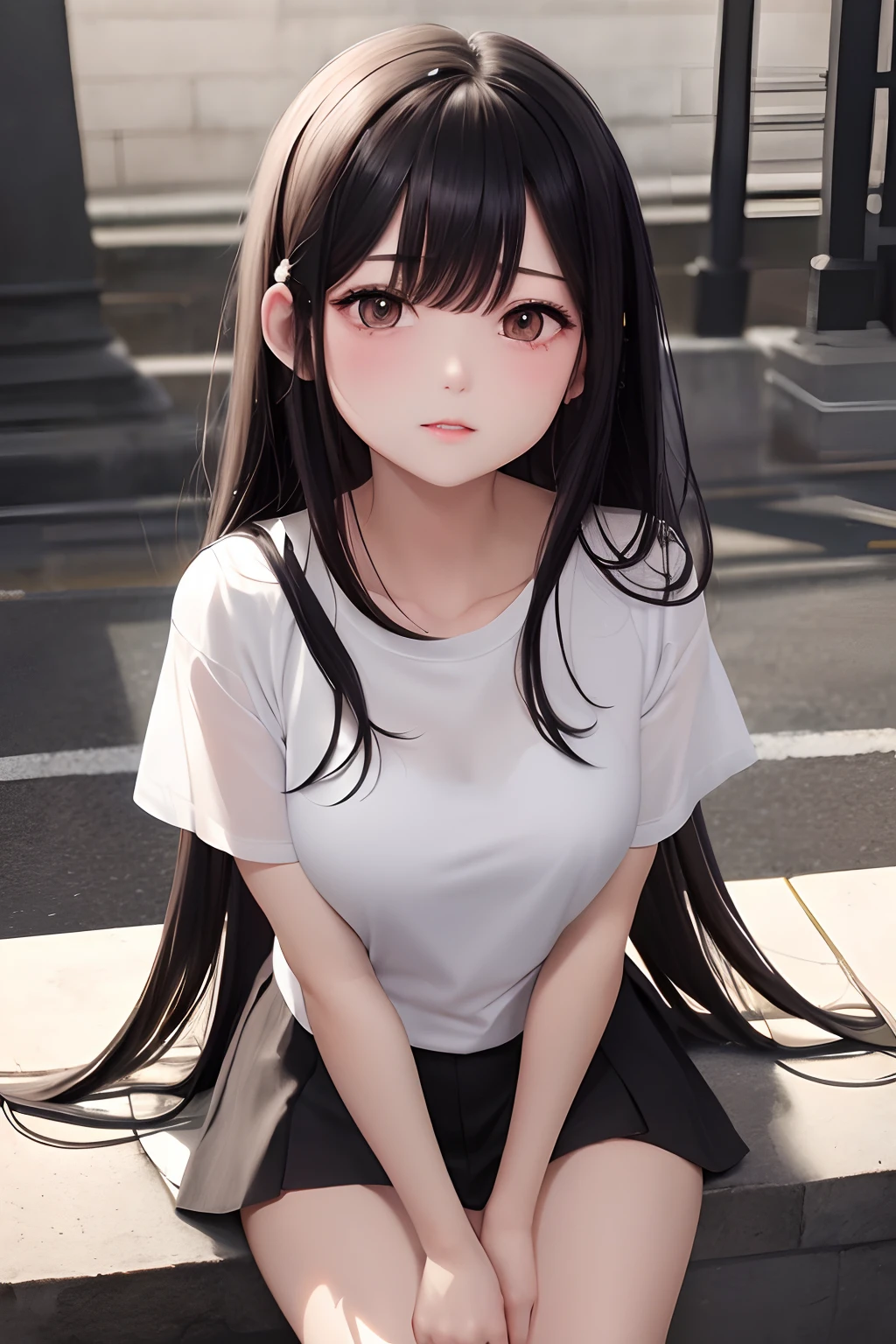 ((fetal))(a very delicate and beautiful)、((Sit down))((The background feels dark))、a very delicate and beautiful)、(Black hair)(The upper part of the body)(tshirts)、dynamic ungle、portlate)、(smooth hair)、(Big eyes)beautiful countenance、de pele branca、depth of fields、radiant lips、irate、(mournful)Concrete background、