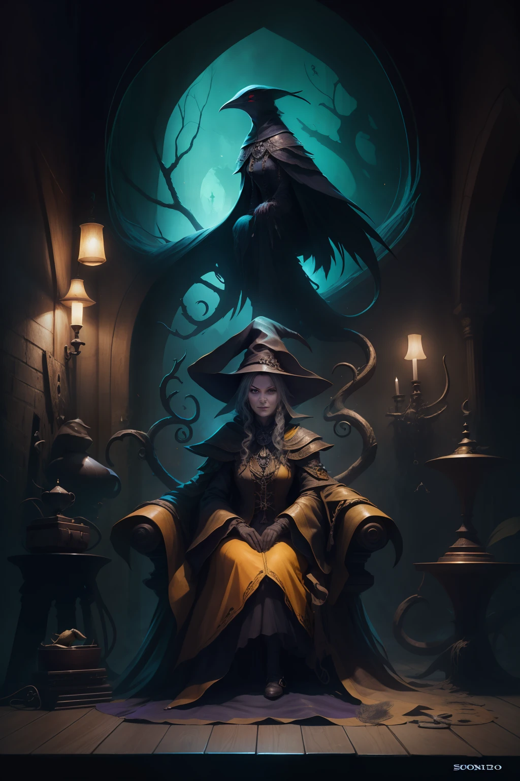 An old witch sitting in a calddirao chair in the background and she's holding a sonyster crow