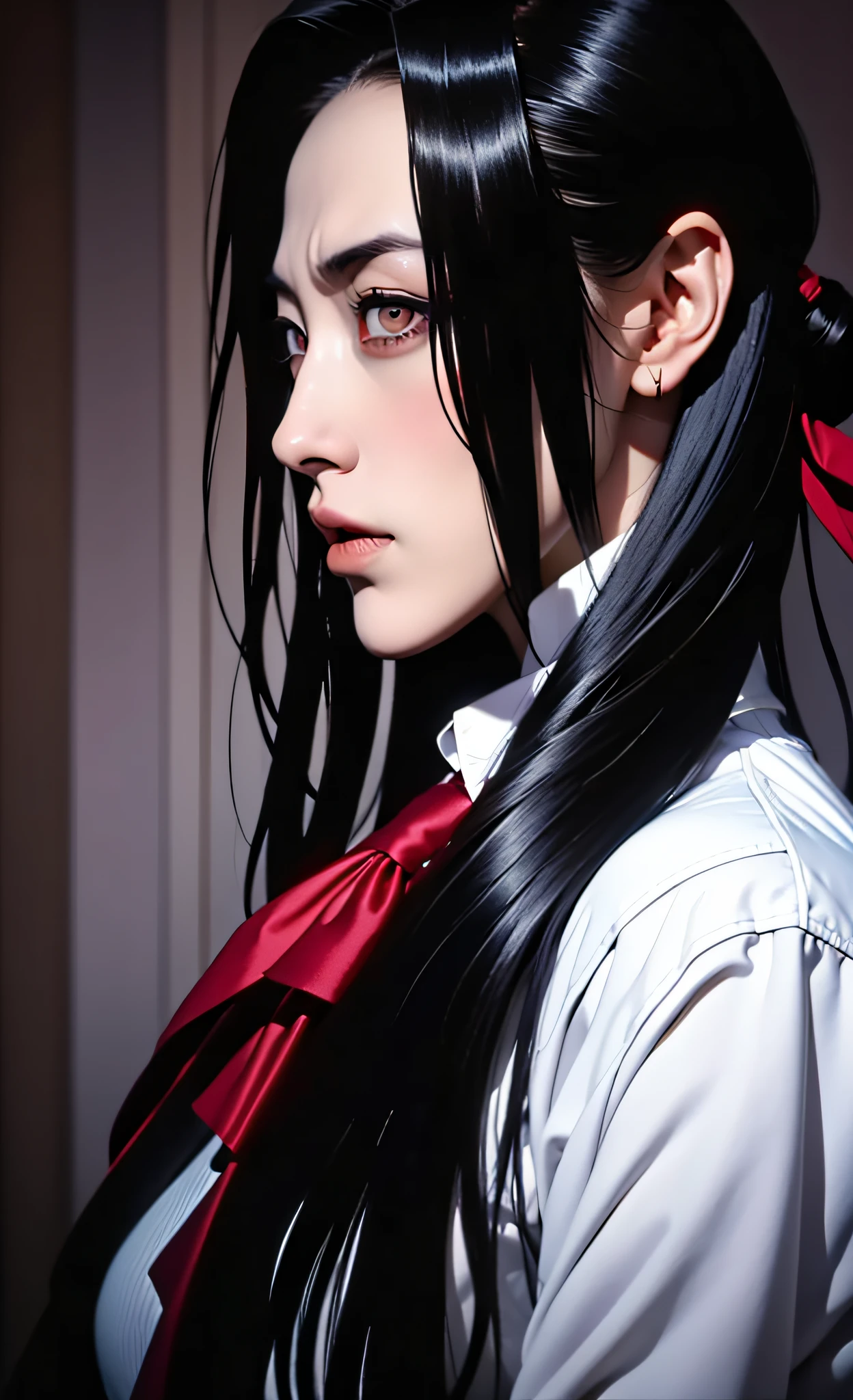 Close-up of a man in a suit and tie, androgynous vampire, junji ito 4 k, with long dark hair, ito junji art, style of junji ito, Dark Costume, portrait of sadako of the ring, beautiful androgynous prince, delicate androgynous prince, with his long black hair, girl in suit, beautiful breasts, perfect anatomy, Gloomy color scheme,