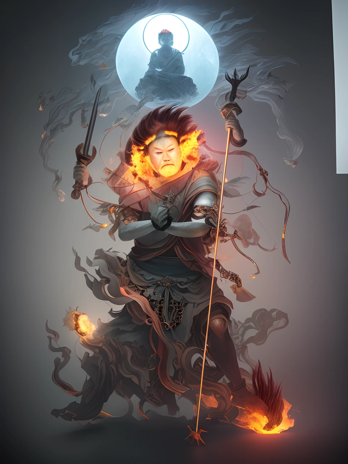 Angry King Ming,Mighty and brave,Canine teeth exposed,Hair stands on end,Eight arms,There is a trident in the hand, Respectively,The sword,pestle,the bow,arrow,hand seal,One person per foot,The silhouette of the body is on fire,Hot,Light, an ultrafine detailed painting, Realiy,photorealestic,professional photoshooting,tmasterpiece,超高分辨率,
