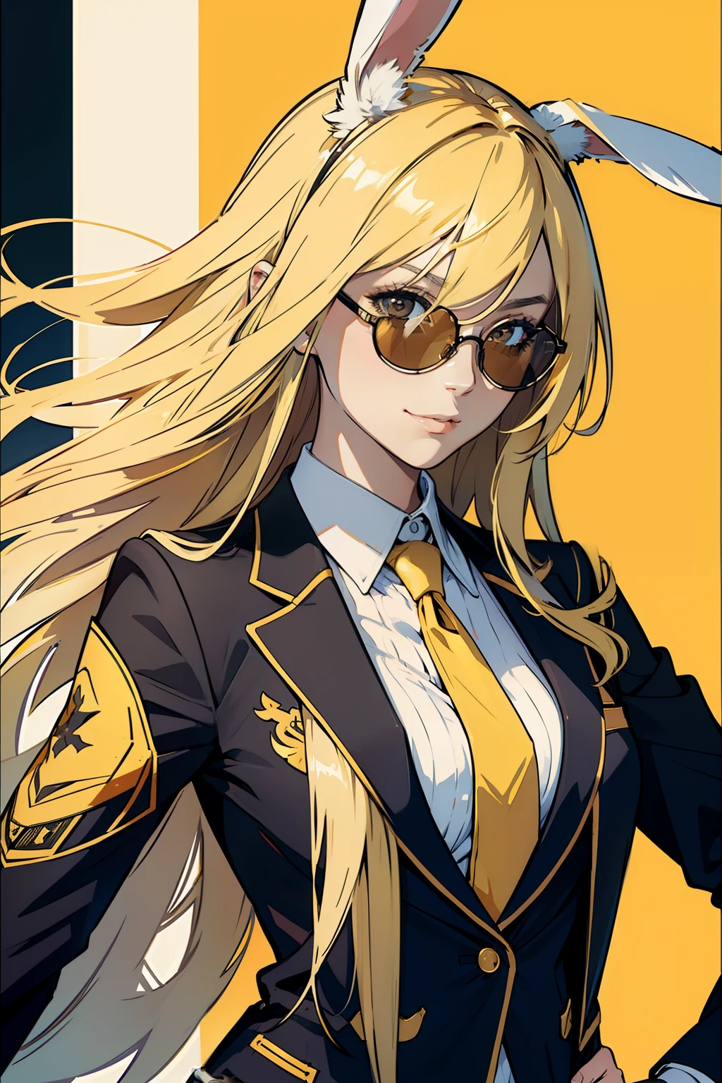 best qualityer，masterpiece，Young women，Yellow hair，long whitr hair，Rabbit ears，Brown eyes，sun glasses，wears dark glasses，Smile confidently，Business suit，A half body，head portrait