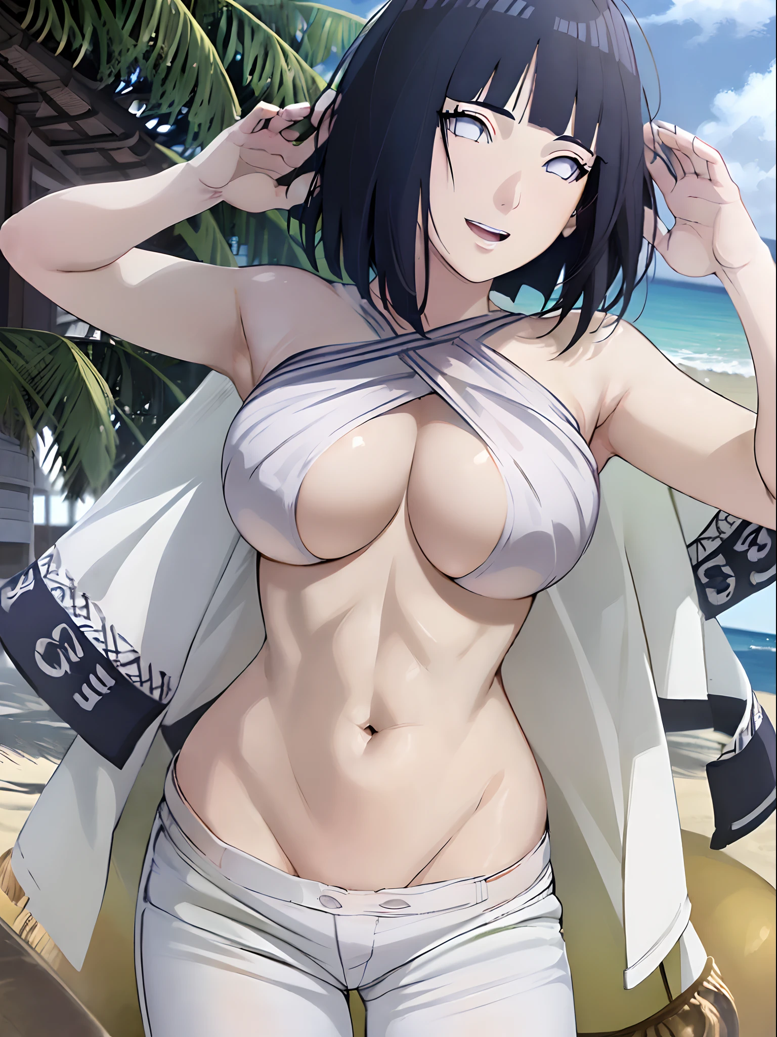 (WALLPAPER, (hinata\(boruto\), white pants, masterpiece, 4k, vector coloring, whole body shot, contrast lighting, mature female, (curvy:0.8), solo, anime style, sharp focus, professional artwork, intricate details, detailed beach background, colorful, vibrant colors, vivid colors, digital blending, ultra detailed body, ultra detail hair, ultra detail face, trending on pixiv, very hot colors, sunny day, outdoor, detailed bold arm lines, high color saturation, bold lines, bold drawing lines),
(standing, open mouth, kind smile, extremely happy, goodbye, sexy pose),
((dark blue hair color:1.1), wavy hair, ((short hair, hime cut)),
(perfect eyes, white sciera, bright eyes, white eyes, anime eyes, smoky eyeliner, eyeshadow)
(white skin, slender body, milf, navel, groin, flat belly, perfect face, perfect thighs),
(Thighs, legs, big breasts, perky boobs, off-shoulders, (groin, detailed shoulders),
(almost naked, only white clothes, bare chest, bare shoulders, bare hands, bare legs),
(Naked, topless, (white micro pants), no top)