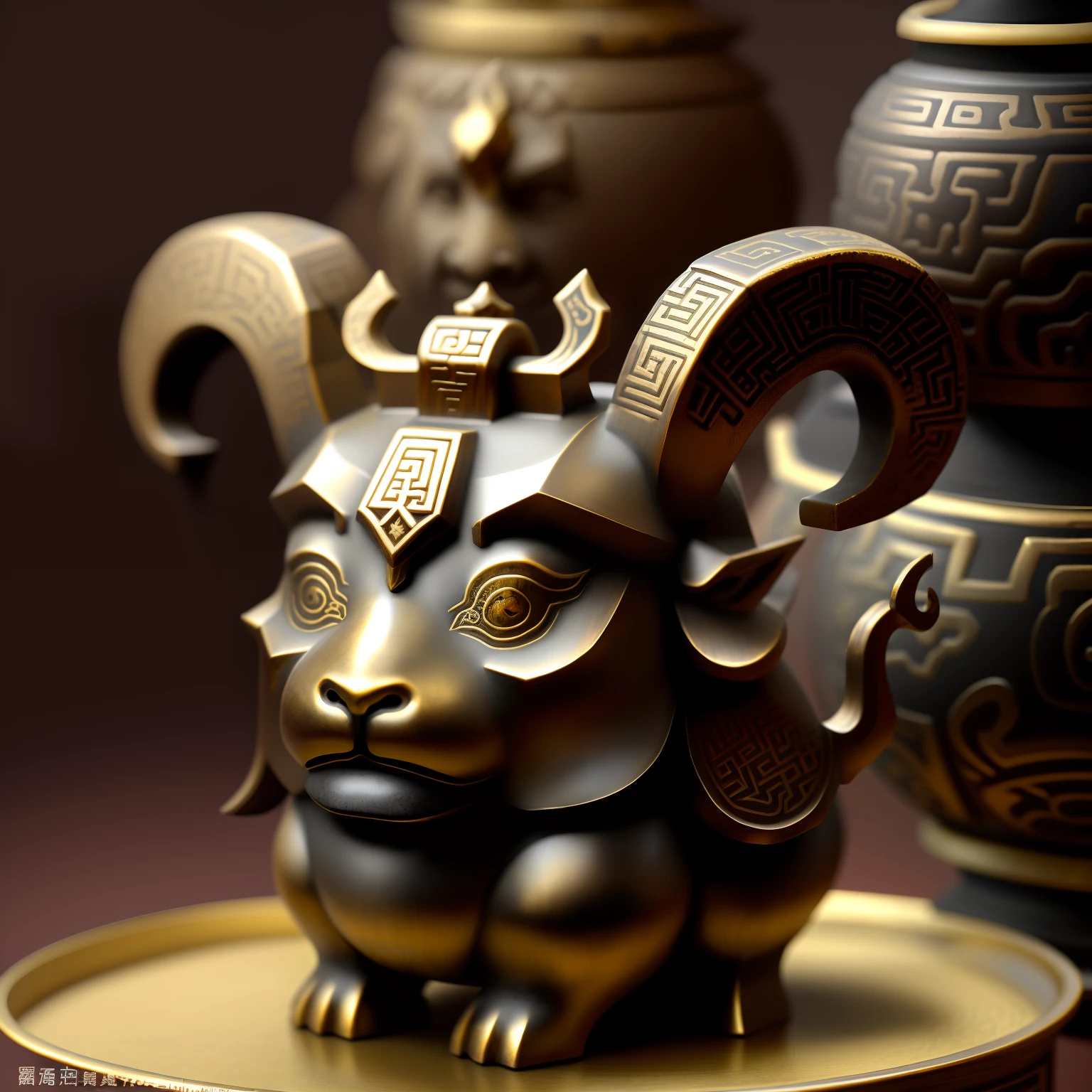 Chinese bronze style ram's head,Layered,Shang dynasty bronze decorative texture,Three-dimensional structure,Exaggerated styling,There are many ancient elements,Antique design,Powerful atmosphere。The face is shaped with some bronze ornamentations, such as gluttonous patterns。Large horns