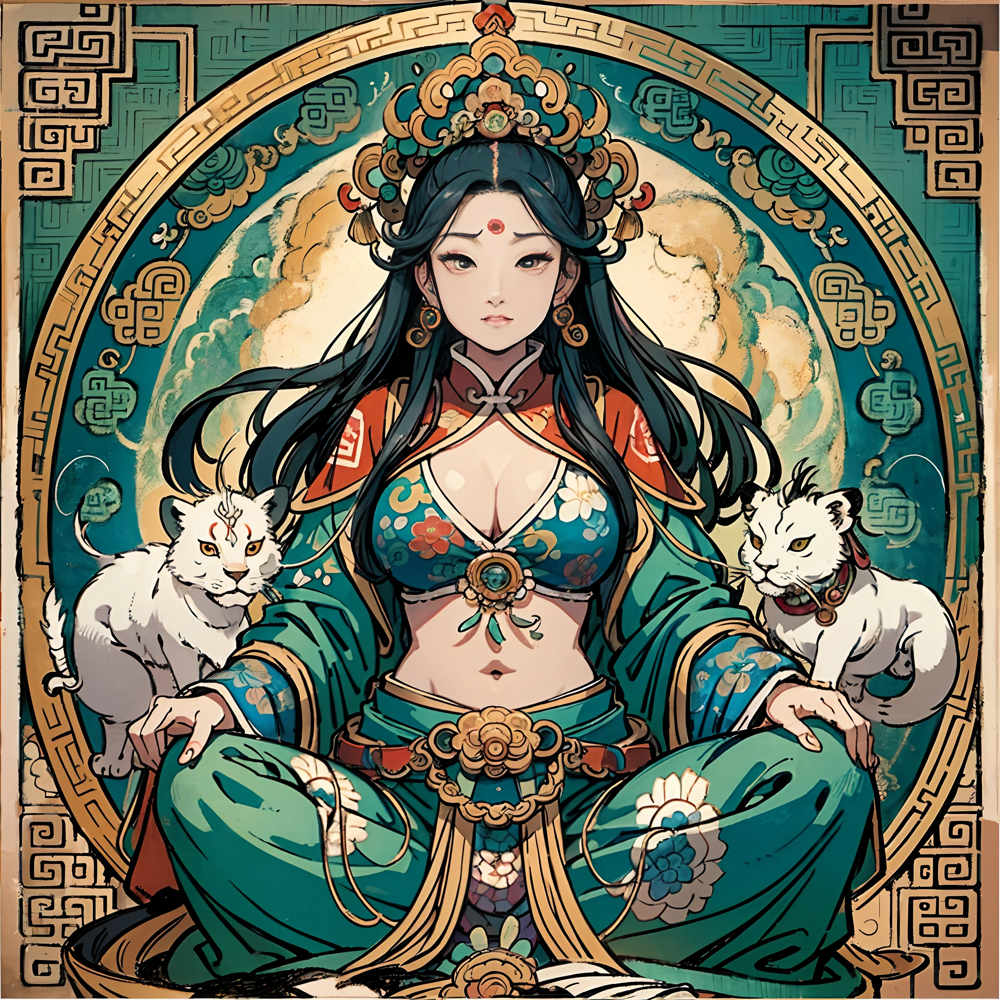 an ancient Chinese goddess, guanyin of the southern seas, Guanyin, Inspired by India, Avalokiteshvara rides a lion，,Serene expression,shui mo hua,Buddha,Buddhist,Lotus,Chinese painting style,Thangka style