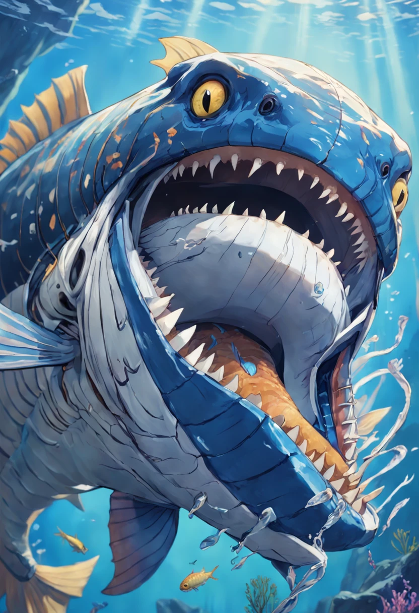 There is a fish painted with blue and white stripes, highly detailed backmouth, Silver gills are skillful, Anglerfish, detailed hot maw, murloc tinyfin, great leviathan turtle, Epic 3D Oxosi, skinny grunt face, scary fish, ethereal eel, ancient fish, Megalophobia, detailed maw
