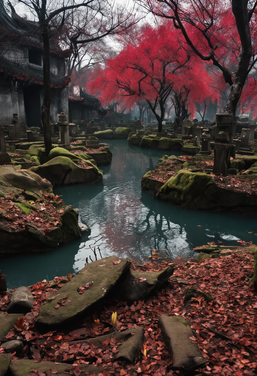 The Chinese teenager was playing in the graveyard,His hair is dark,There is a flaky cemetery。next to a small river,The water was clean。8K quality,Landscape Photography,Gangnam Junior,Hunan Province。