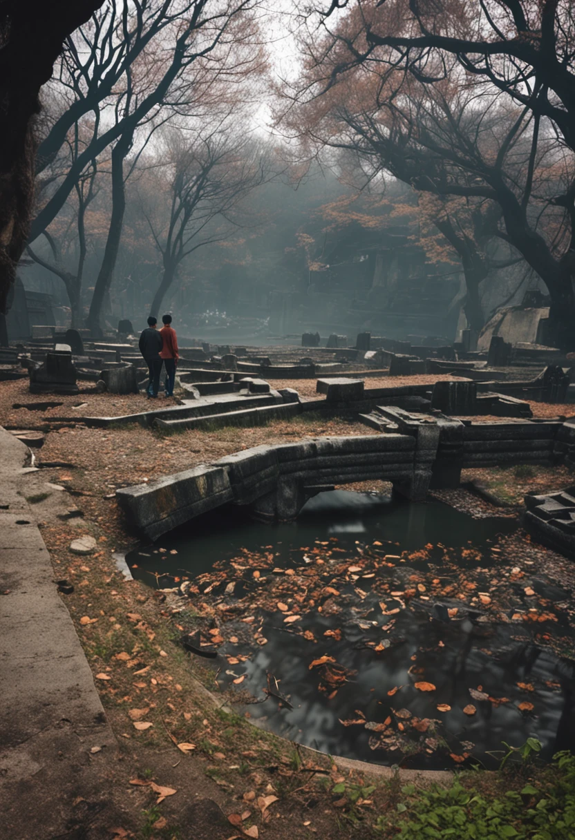 The Chinese teenager was playing in the graveyard，His hair is dark，There is a flaky cemetery。next to a small river，The water was clean。8K quality，Landscape Photography，Gangnam Junior，Hunan Province。