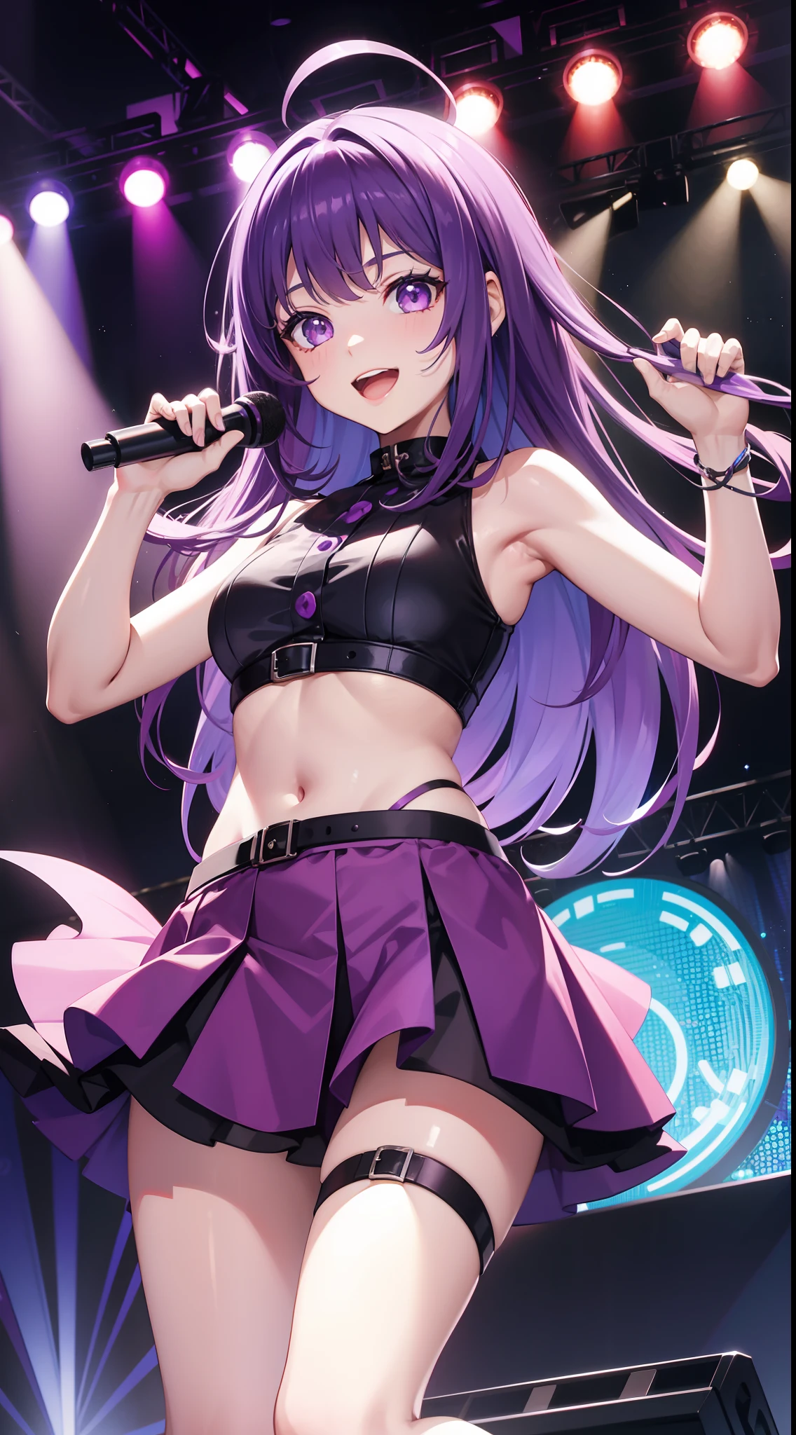 young girl, long bright purple hair, Cyan eyes, ssmile, opened mouth, pop-idol, Red Top, purple skirt, open belly, stage, Masterpiece, hiquality