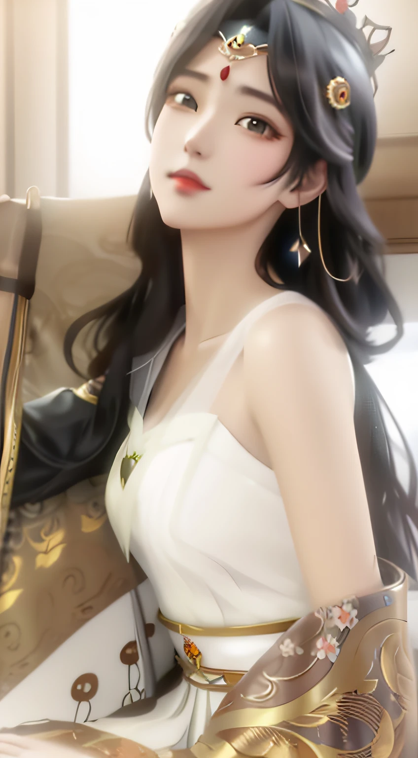There was a woman sitting on the couch，With a hat and a suitcase, Guviz-style artwork, Guviz, beautiful and seductive anime woman, Anime goddess, a beautiful fantasy empress, guweiz masterpiece, Beautiful character painting, ((a beautiful fantasy empress)), Beautiful anime woman, Palace ， A girl in Hanfu, Beautiful anime girl