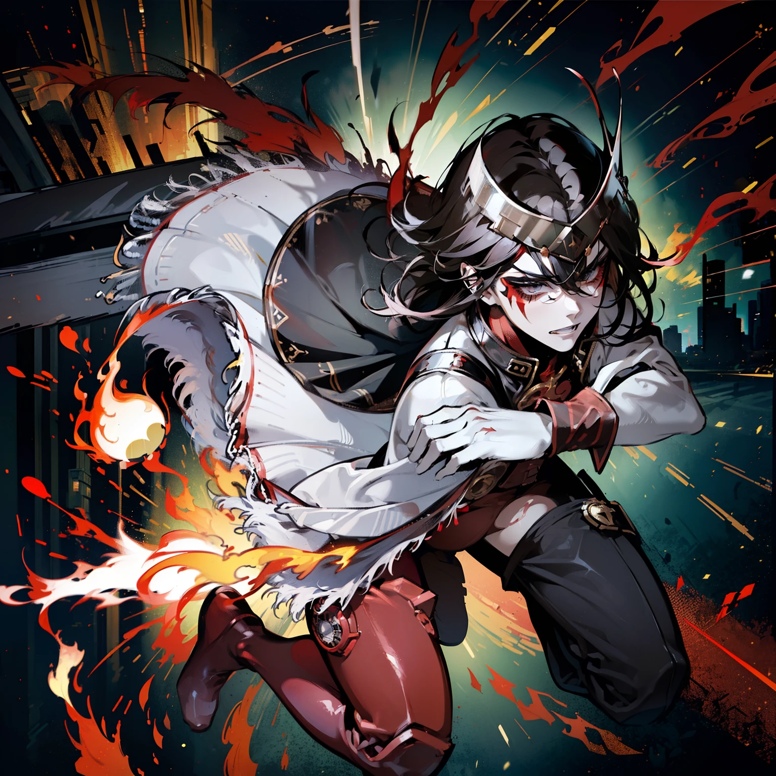 ((Burstinatrix as a man )), ((Diluc as Burstinatrix)),helmet, ((Red bodysuit)), gloves, thighhighs
face paint, Long Red hair , Anime illustration, ((solo 1boy)), Fire effects, full body , annoyed, Frown ,embarrassed, Dynamic pose, Attacking , city Background