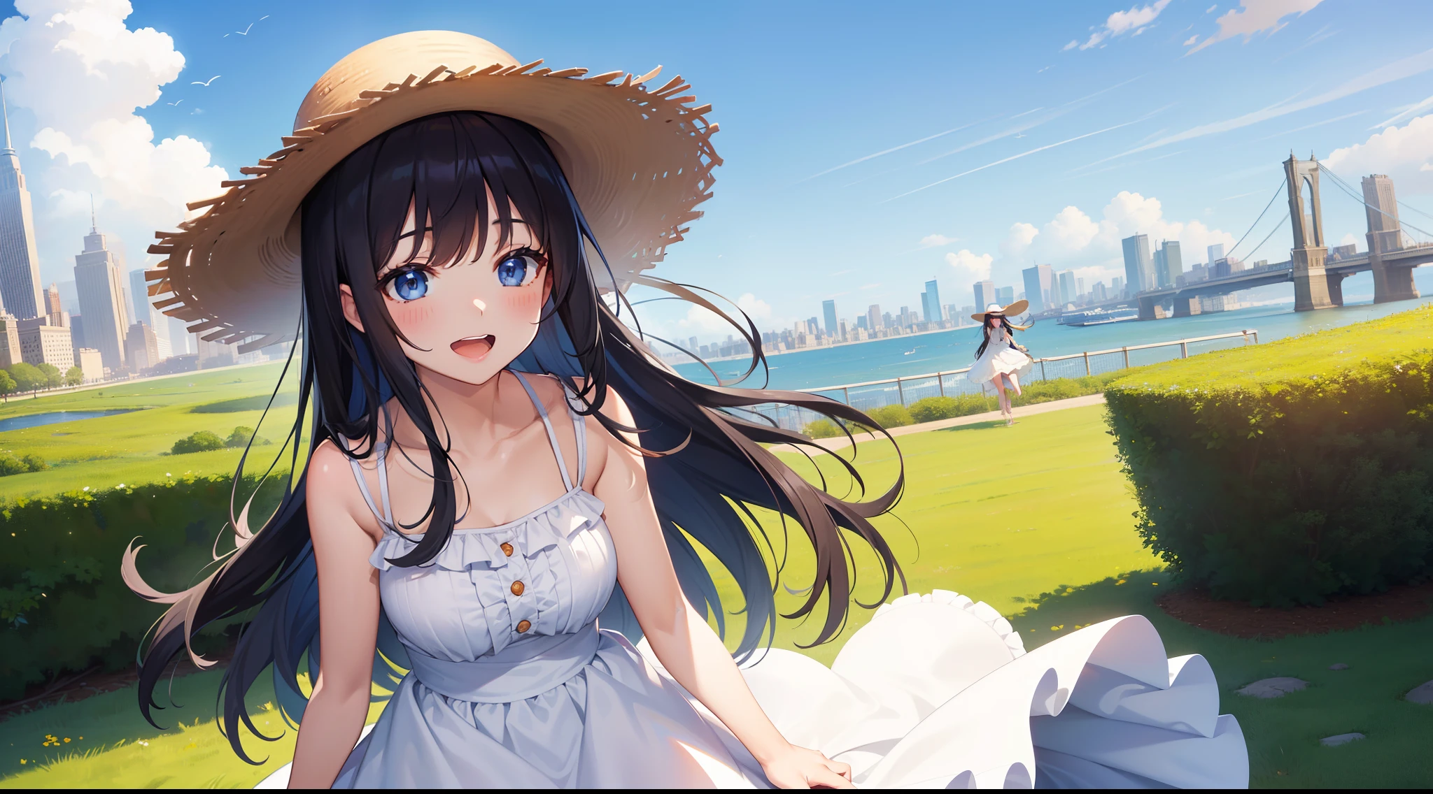 (masterpiece), best quality, high resolution, highly detailed, detailed background, perfect lighting, outdoor, 1girl, Black hair, long hair, bangs, blue eyes, straw hat, white dress, sundress, frill, New York City , wind lift, sky, cloud, laughing