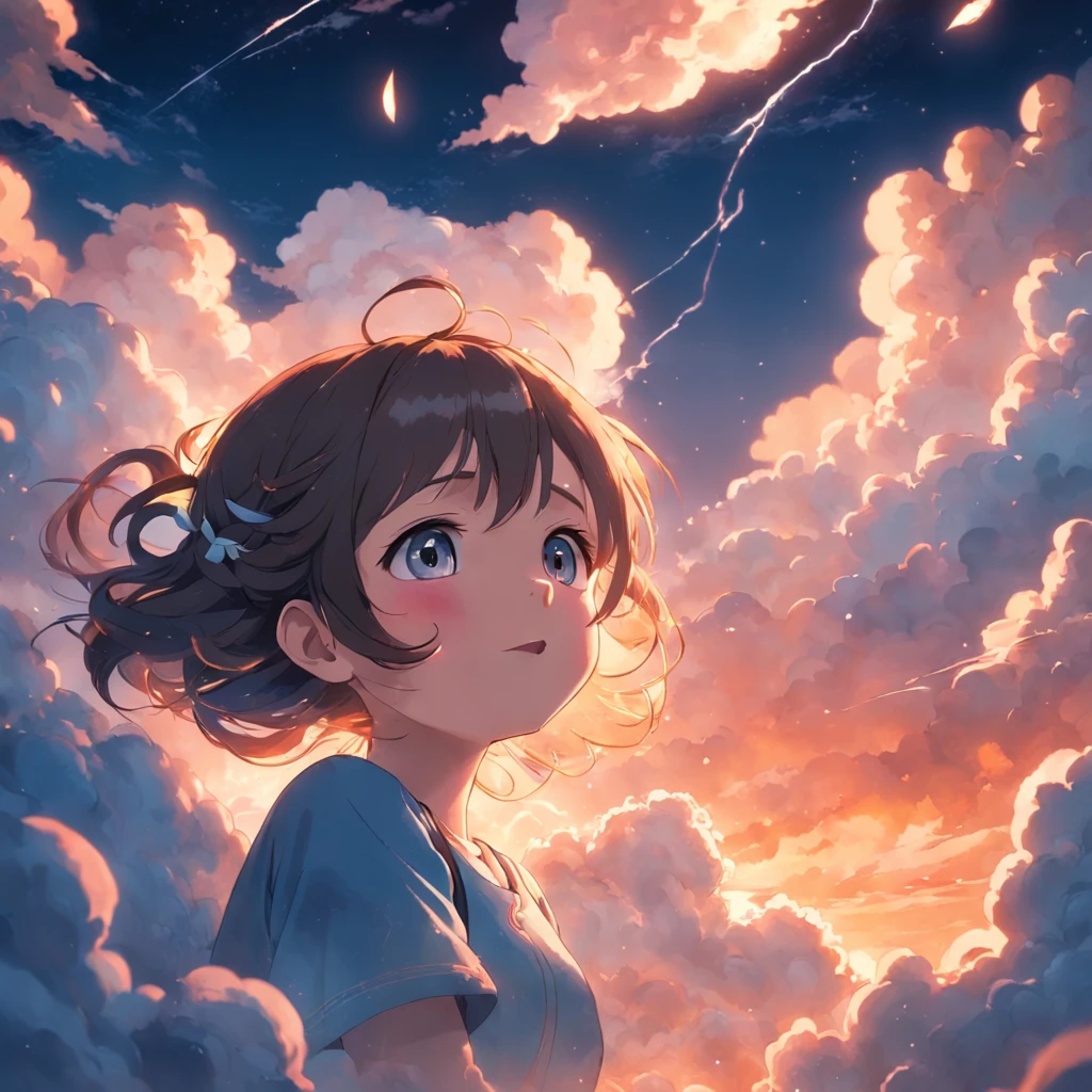 masterpiece, best quality, movie still, 1girl, cloud girl, floating in the sky, close-up, bright, happy, warm soft lighting, sunset, (sparks:0.7)
