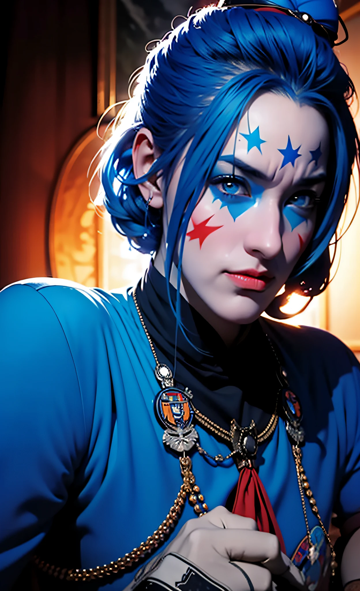a girl dressed in military regalia with blue hair, in the style of auto-destructive art, clowncore, dc comics, emphasizes emotion over realism, light azure and orange, high-contrast realism, happycore