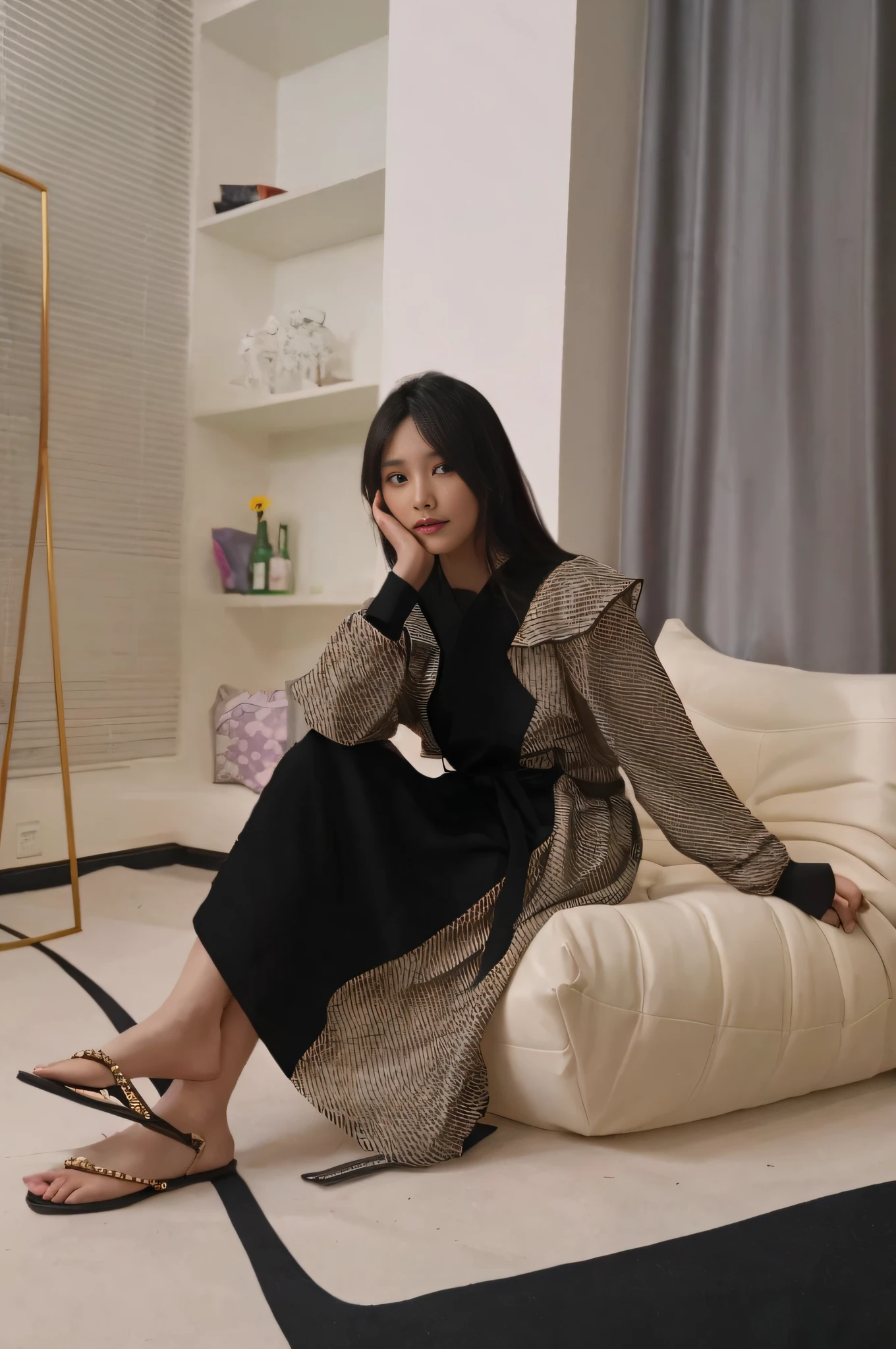 there is a woman sitting on a couch in a living room, dressed with long fluent clothes, full-body xianxia, wearing black silk robe, Wearing a luxurious silk robe, dressed in simple robes, Gemma Chen, xintong chen, lulu chen, wearing nanotech honeycomb robe, leaked image, inspired by Ma Yuanyu, shaxi, Actress