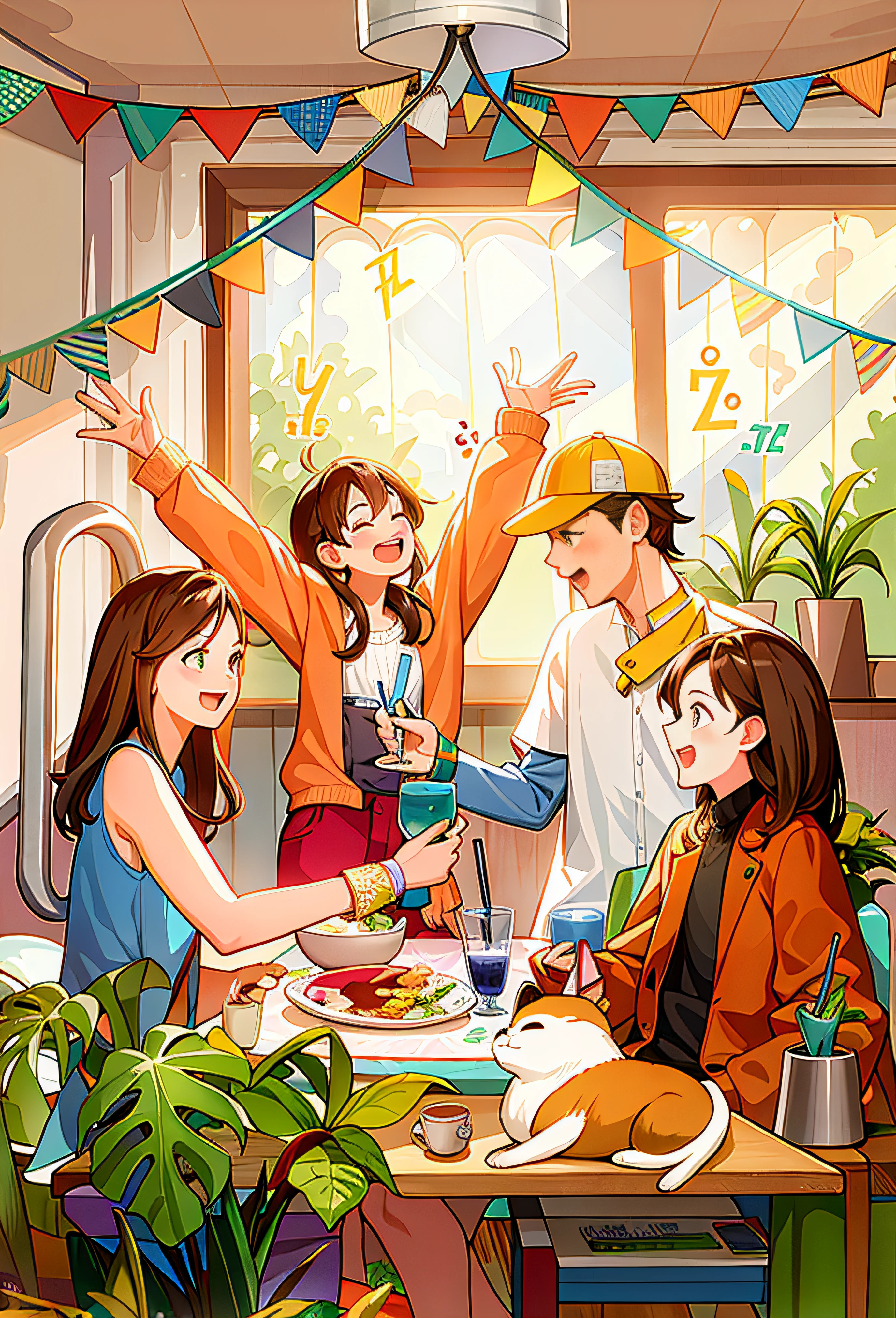 There were four youths at a table，There was food and drinks, Exciting and happy illustration, Illustration style,celebrating, joyful people in the house, Cartoon style illustration, Cheerful ambiance, Food as a pictorial companion, Colorful illustration, High-quality fanart, in style of digital illustration, Illustration style, cute illustration,