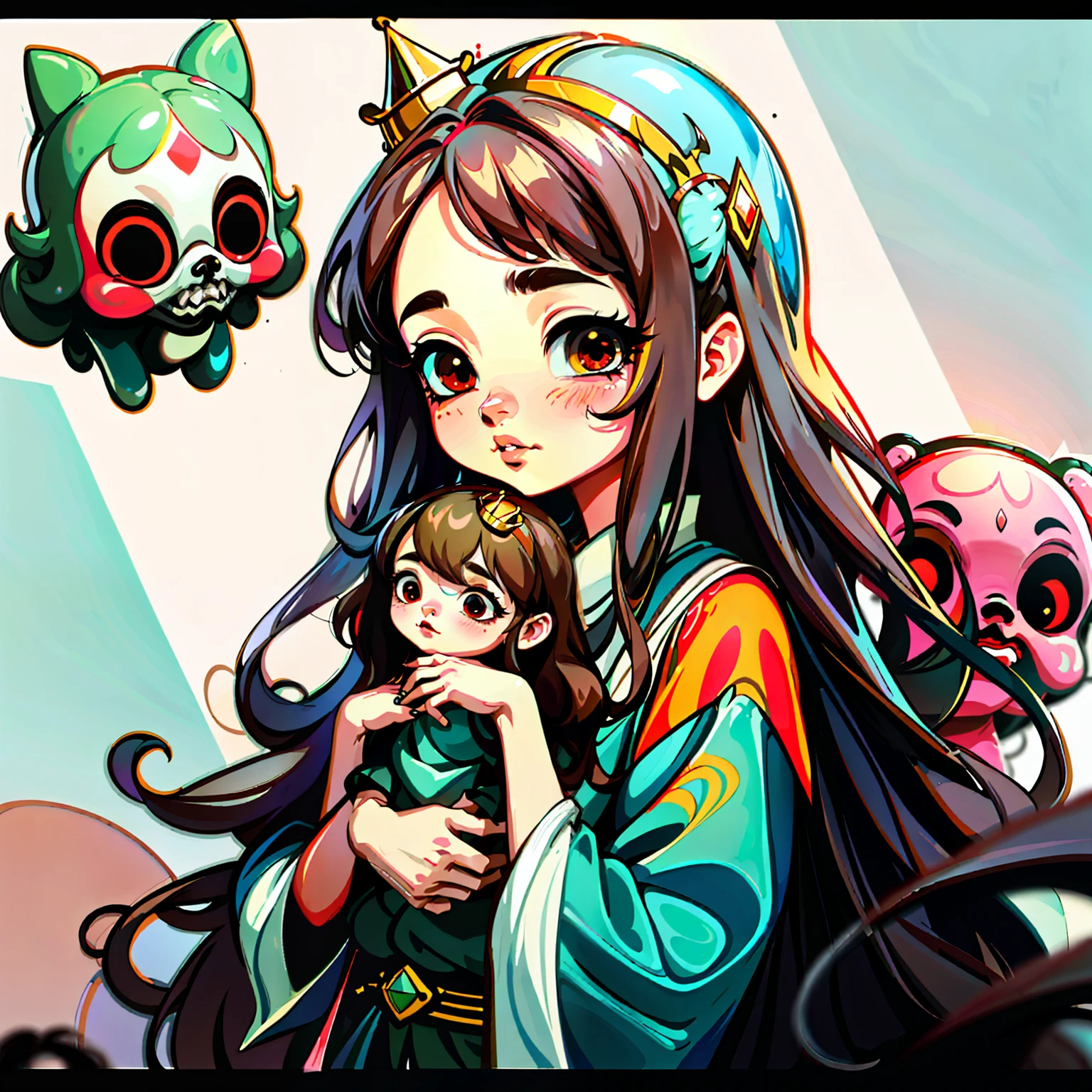 adesivo,1girl, fundo simples, retrato, girl with long hair, beautiful princess, princess aesthetic, beautiful princess, very beautiful fantasy art, beautiful and elegant female princess, beautiful detailed fantasy, blue and pink color palate, pink color-theme a close up of a young girl with brown hair, beautiful character painting, guweiz, artwork in the style of guweiz, brown haired deity, by Yang J, epic exquisite character art, stunning character art, by Fan Qi, by Wuzhun Shifan, guweiz on pixiv artstation, brown hair, big eyes, red eyes, big sad eyes, red eyes, holding a doll, doll head crown, creepy, horror, cute girl, small lips, rosey cheeks, green and gold clothes, her crown is made of doll heads, young girl