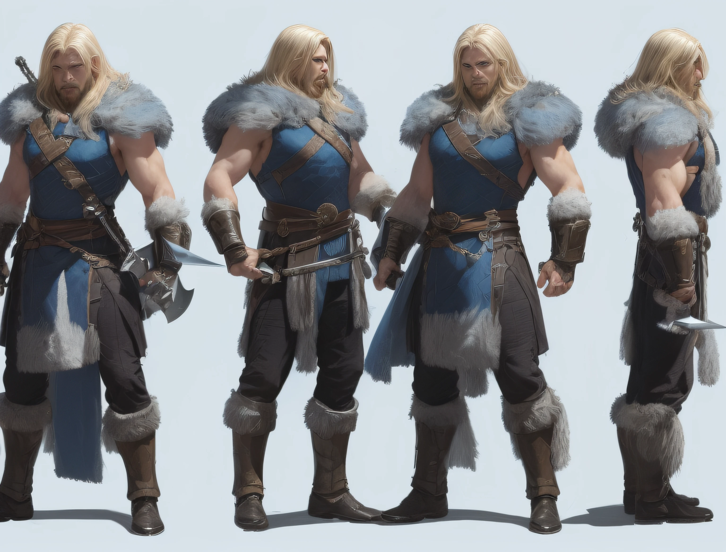 (comic book art style), (Soap-Committee on ArtStation art style), full body view, full shot, front view, back view, character design, character sheet, medieval barbarian man, blonde hair, blue eyes, leather and fur clothes, with his combat hammer, strong highlights, sharp outlines, sharp shadows, 8k, high quality, solid white background, (cell shading).