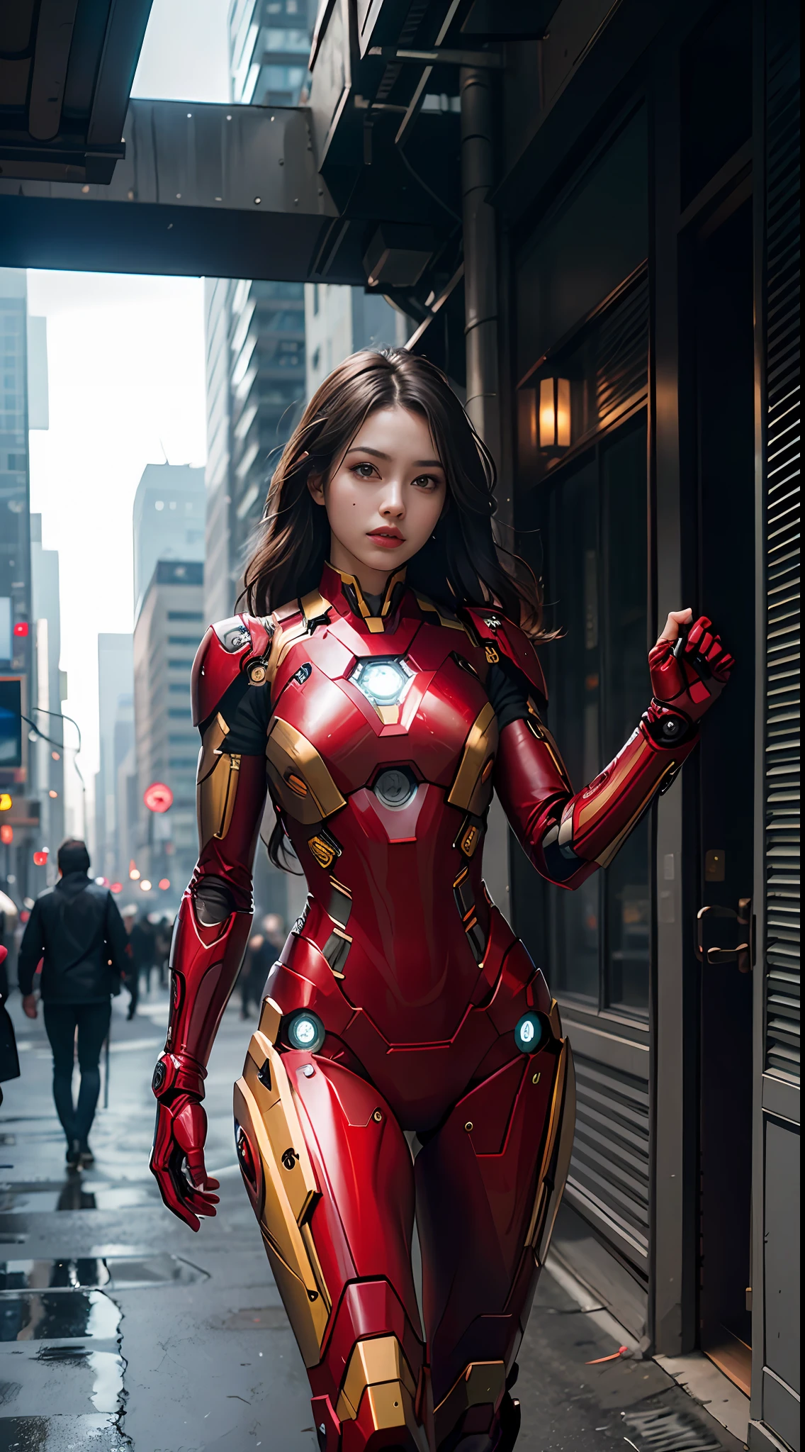 8k, realistic, attractive, highly detailed, a 20 year old girl a sexy and attractive woman inspired by Iron Man wearing a shiny Iron Man mech. She dresses with sensuality and confidence, perfectly interpreting Iron Man's strength and charisma. The abandoned warehouse serves as a backdrop, creating a unique atmosphere that highlights her bravery and perseverance. The tall buildings and buildings on the street exude the unique charm of cyberpunk, and the neon light outlines the outline of the city, which sets off the powerful strength and personality charm of Iron Man. This high-definition, high-quality picture will bring you stunning visual enjoyment, a perfect combination of sexy, futuristic and sci-fi elements. oc rendering, dramatic lighting, award winning quality