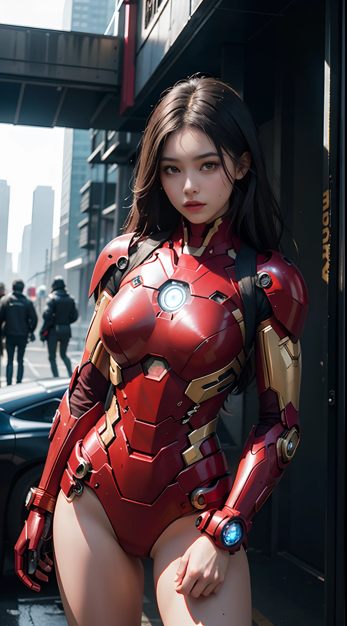 8k, realistic, attractive, highly detailed, a 20 year old girl a sexy and attractive woman inspired by Iron Man wearing a shiny Iron Man mech. She dresses with sensuality and confidence, perfectly interpreting Iron Man&#39;s strength and charisma. The abandoned warehouse serves as a backdrop, creating a unique atmosphere that highlights her bravery and perseverance. The tall buildings and buildings on the street exude the unique charm of cyberpunk, and the neon light outlines the outline of the city, which sets off the powerful strength and personality charm of Iron Man. This high-definition, high-quality picture will bring you stunning visual enjoyment, a perfect combination of sexy, futuristic and sci-fi elements. oc rendering, dramatic lighting, award winning quality