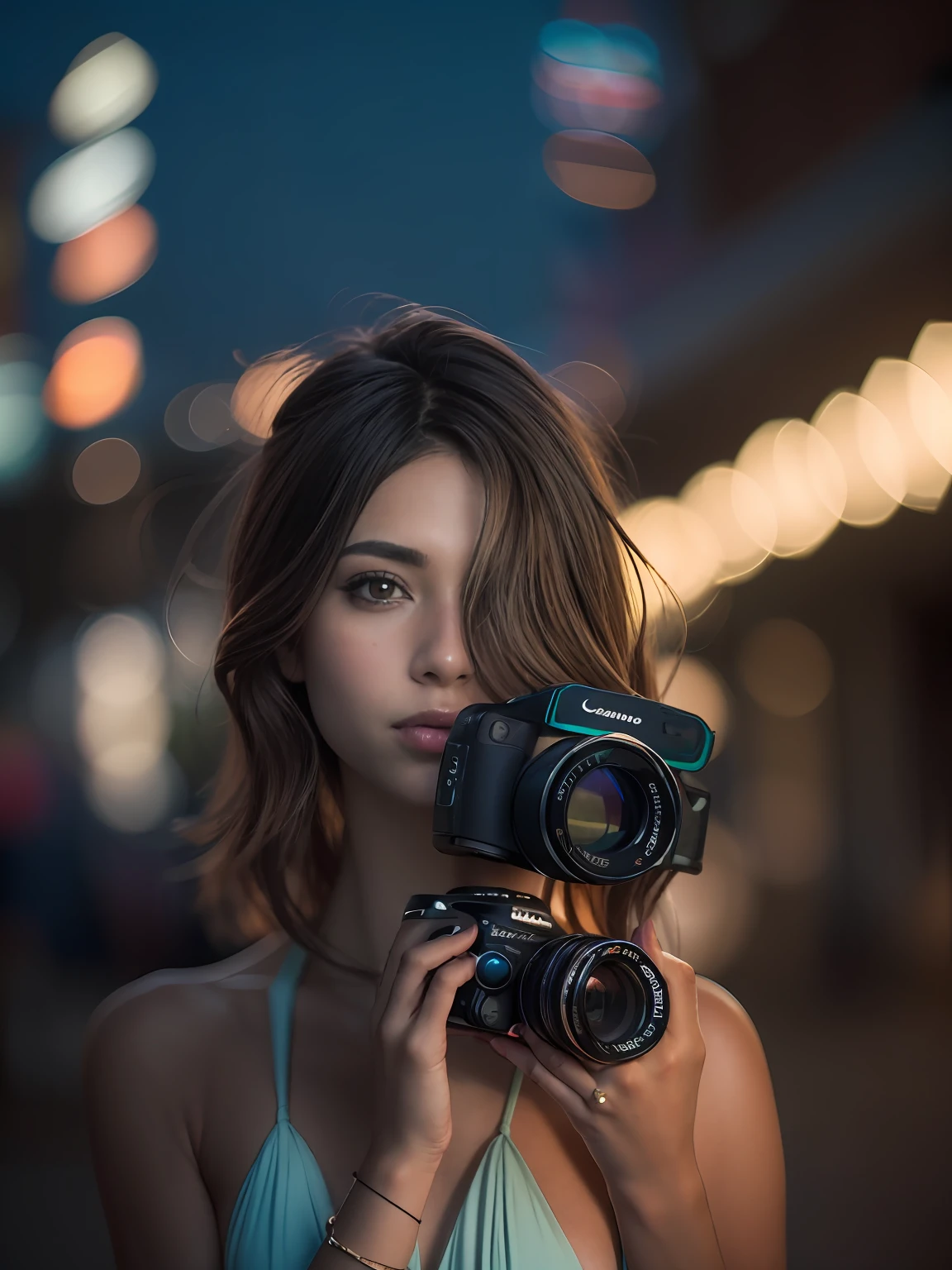 Urban Tumblr-style photo shoot with a Canon EOS Mark V camera, - 80 mm anamorphic lens, ISO 100, shutter speed 1/1450s, Autofocus perfectly captures depth between shots, ultra sharp image, Contraste y color perfectos, Hora del atardecer, beach with cyberpunk style and futuristic atmosphere with neon lights as a background, The model is the incredible actress Riley Reid posing boldly, Cara bien definida, ojos color miel bien detallados, varios tatuajes en el cuello, Cara y brazos, Ultra-defined hair line by line, Piel bronceada perfecta que refleja la tenue luz de la puesta de sol, Super sexy photography, Consigue que la imagen luzca natural y casual