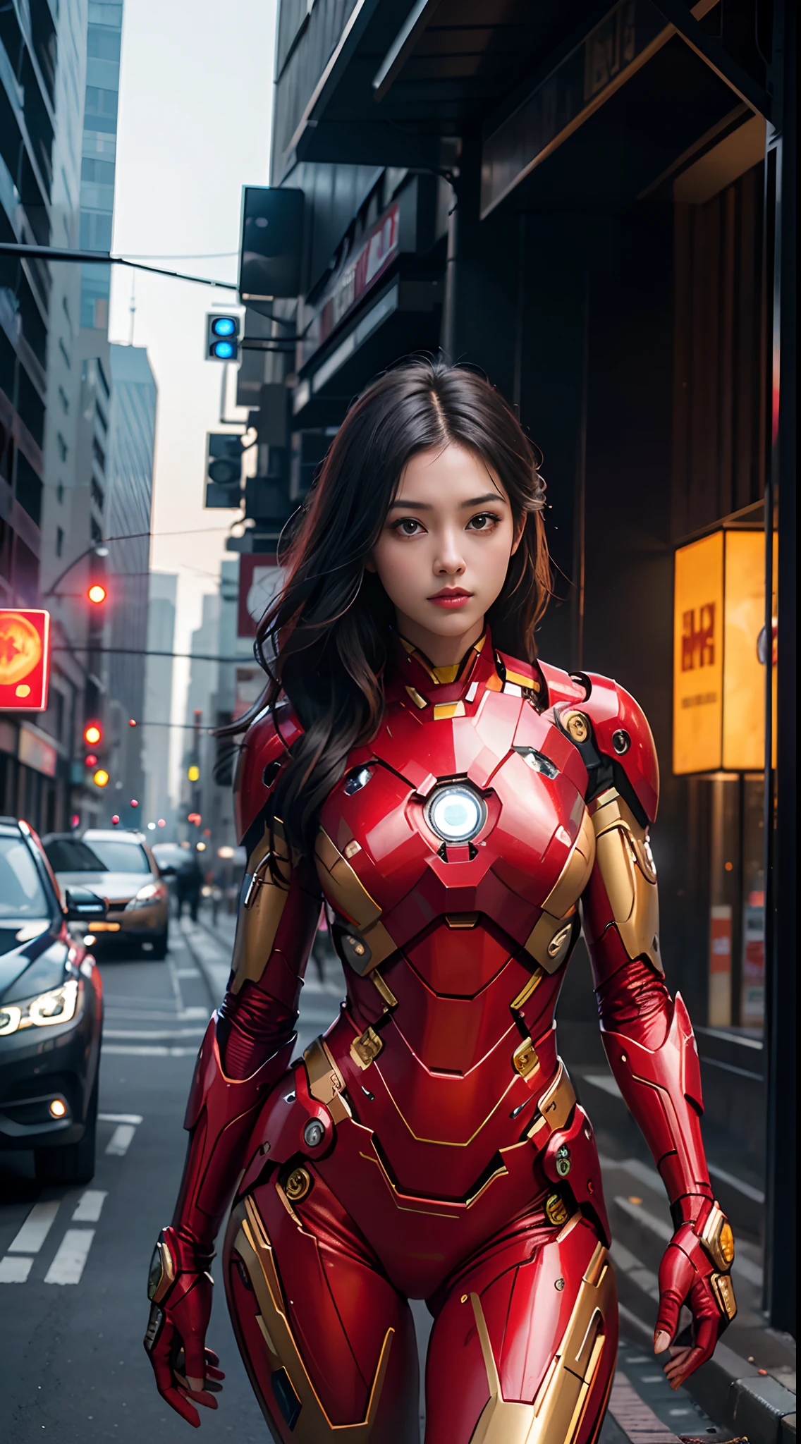 8k, realistic, attractive, highly detailed, a 20 year old girl a sexy and attractive woman inspired by Iron Man wearing a shiny Iron Man mech. She dresses with sensuality and confidence, perfectly interpreting Iron Man&#39;s strength and charisma. The abandoned warehouse serves as a backdrop, creating a unique atmosphere that highlights her bravery and perseverance. The tall buildings and buildings on the street exude the unique charm of cyberpunk, and the neon light outlines the outline of the city, which sets off the powerful strength and personality charm of Iron Man. This high-definition, high-quality picture will bring you stunning visual enjoyment, a perfect combination of sexy, futuristic and sci-fi elements. oc rendering, dramatic lighting, award winning quality