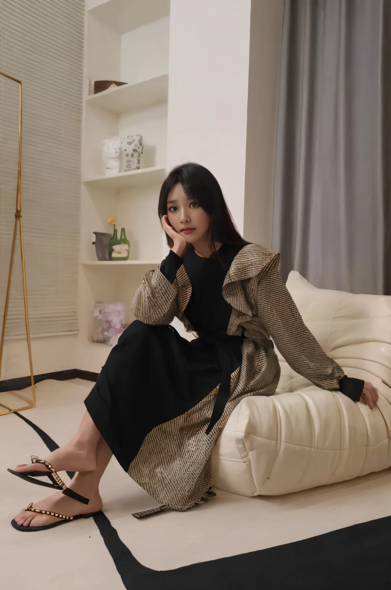 there is a woman sitting on a couch in a living room, dressed with long fluent clothes, full-body xianxia, wearing black silk robe, Wearing a luxurious silk robe, dressed in simple robes, Gemma Chen, xintong chen, lulu chen, wearing nanotech honeycomb robe, leaked image, inspired by Ma Yuanyu, shaxi, Actress