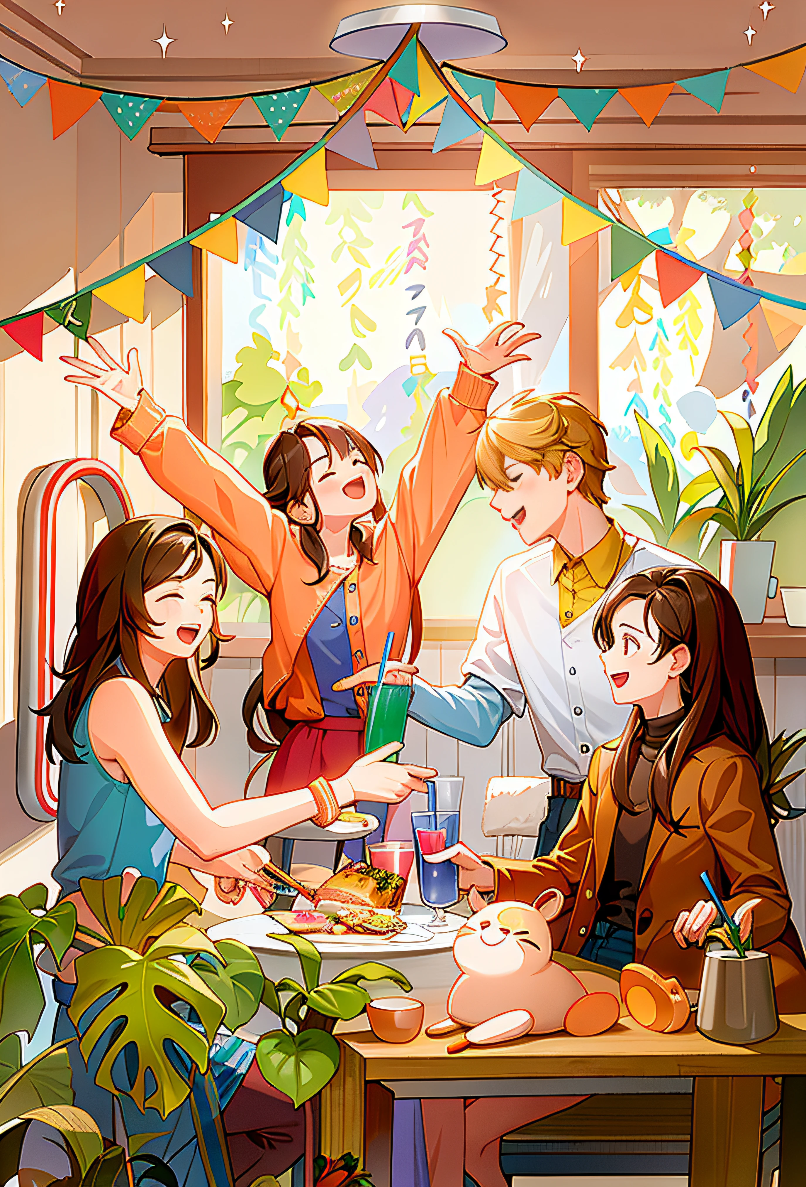 There were four youths at a table，There was food and drinks, Exciting and happy illustration, Illustration style,celebrating, joyful people in the house, Cartoon style illustration, Cheerful ambiance, Food as a pictorial companion, Colorful illustration, High-quality fanart, in style of digital illustration, Illustration style, cute illustration,