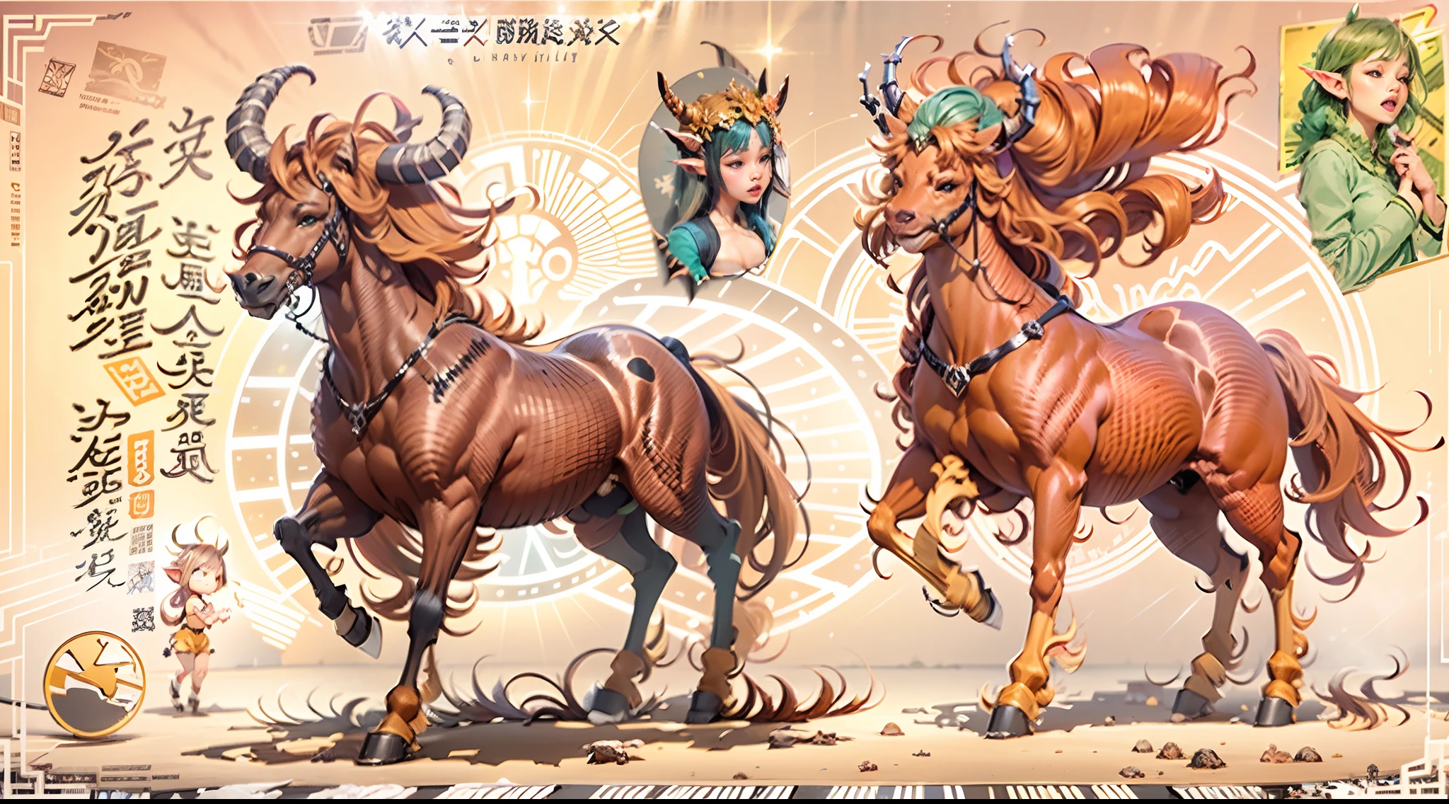 In the beautiful illustration of this super-grand scene,The ultra-long-range lens is shown(Eight unique centaur characters:9.9),They all have their own characteristics,Vivid and interesting。Radiant angelic centaurs from the heavenly realm,To the hellish centaurs surrounded by nightmarish flames,And then to the Wind Immortal Centaur dancing in the air,There are also one-horned centaurs surrounded by thunder and lightning,and mechanical centaurs that shine with metallic light,And then to the powerful dragon centaur with colored dragon scales covering the whole body,The elegant and agile elf centaur always wears a flower crown with its slender and graceful lines,Enchanting and charming Tiflin centaurs。Each character has their own unique charms and abilities。The illustration uses advanced artistic techniques and tools,(Divide the scene into sections by geometric arrangement:9.9),Each section corresponds to a centaur character,This makes more efficient use of space。Through Midjourney's advanced brush tools、Color palette、Material packs and model packs,Exquisite costumes and equipment are designed for each centaur,Enhances the character's personality and visual appeal。The scenery in the illustrations is stunning,There are changing skies、rainbowing、extreme light、Stars and Moon。Incorporating iconic landmarks such as Mount Everest,and fireworks、tranquil lake、Natural and urban elements of waves and neon lights,Creates a magical atmosphere。The centaurs showed off their skills and equipment in a variety of environments,This is true even in extreme alien landscapes。(Use Midjourney's tools、Material packs、Texture tools、The color palette makes depicting details vivid and realistic:9.9),From complex hairstyles and as well as different postures、Form factor、Clothing to real textures,This greatly enhances the realism of the characters and surroundings。The fusion of multiple art styles adds movement to the centaur's movement at all angles,The overall visual experience is further enriched