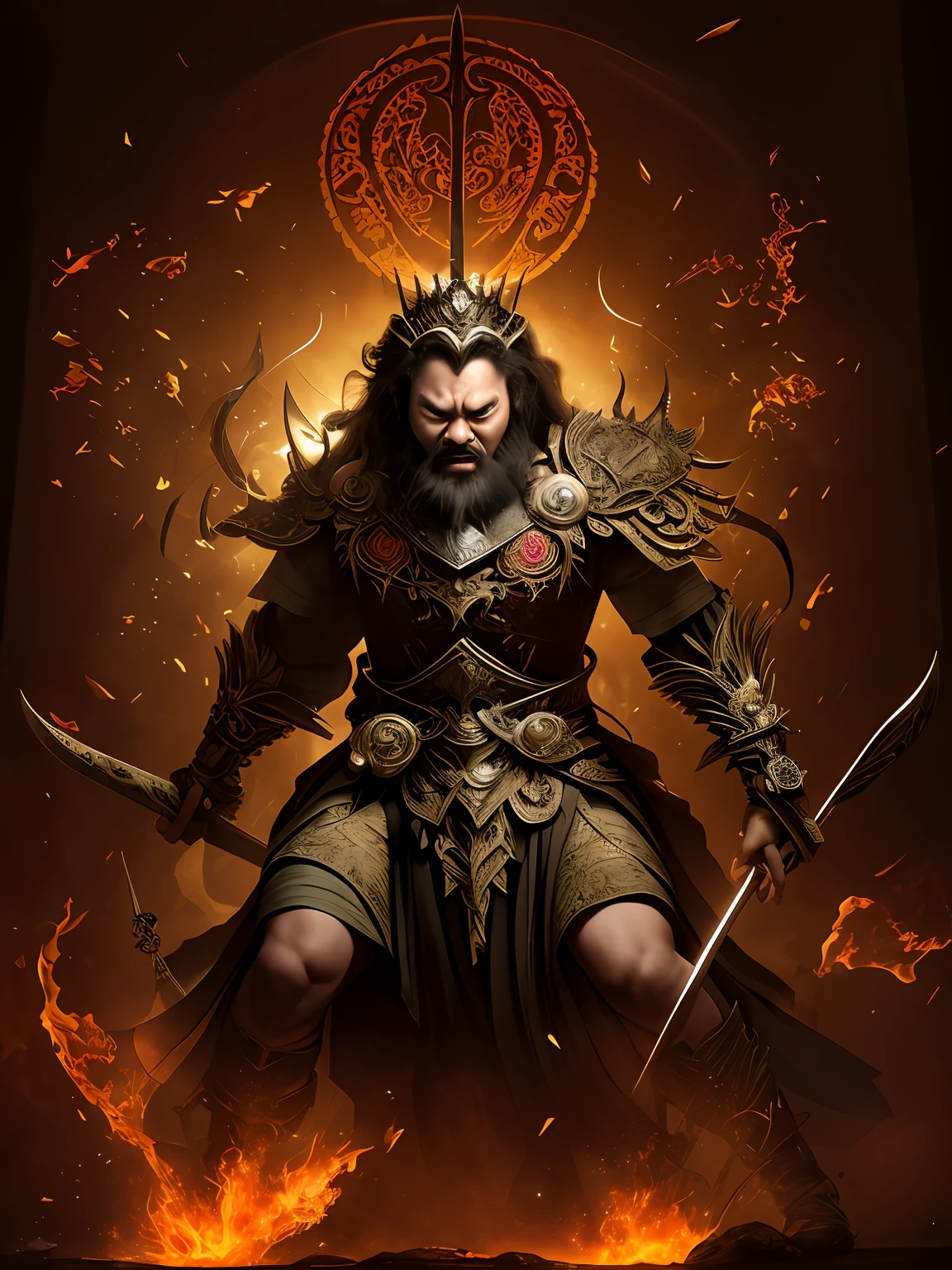 Angry King Ming，Strong and brave，Canine teeth exposed，Hair stands on end，Eight arms，There is a trident in his hand, Respectively，The sword，pestle，the bow，arrow，hand seal，One person per foot，The silhouette of the body is on fire，Hot，Light, an ultrafine detailed painting, Realiy，photorealestic，professional photoshooting，tmasterpiece，超高分辨率，
