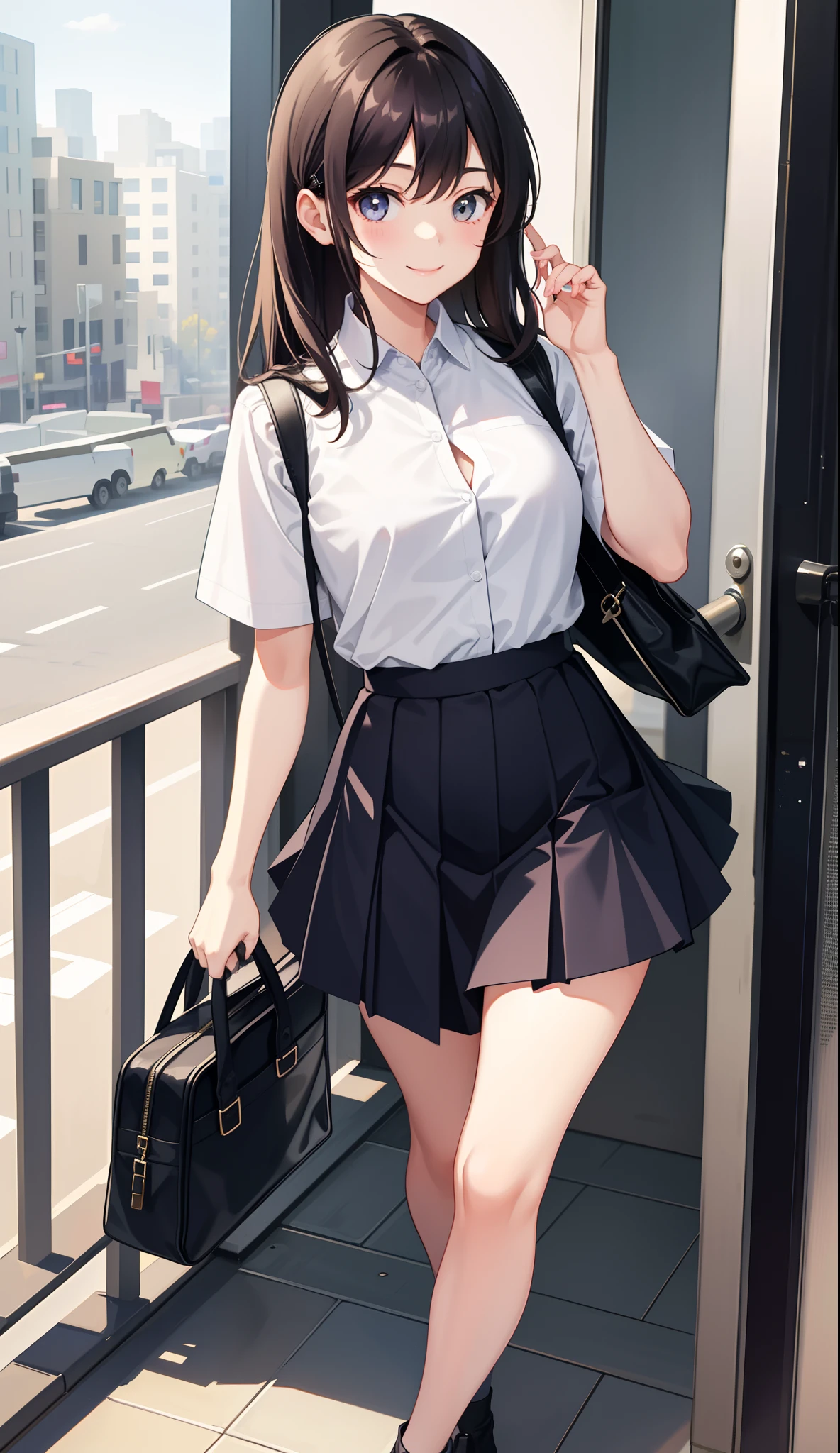 1 girl, smile, shirt, skirt, (small) chiralism, Japan high school school uniform, seravuk, summer clothes, squall-wet uniform, sheer bra, (portrait from knee up),