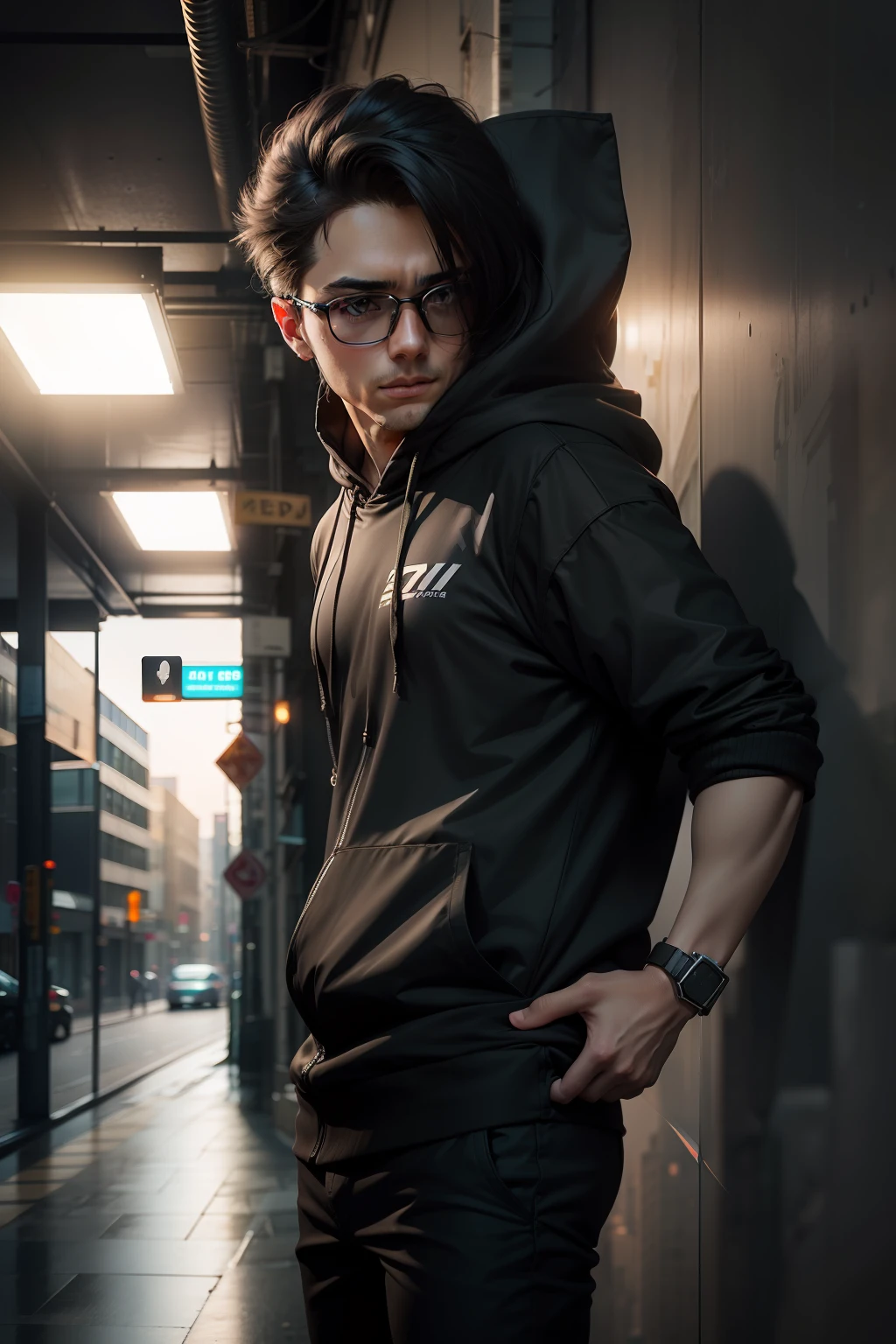 Change background into city building area, wearing black hoodi and transparent glass , 4k ultra HD, original face