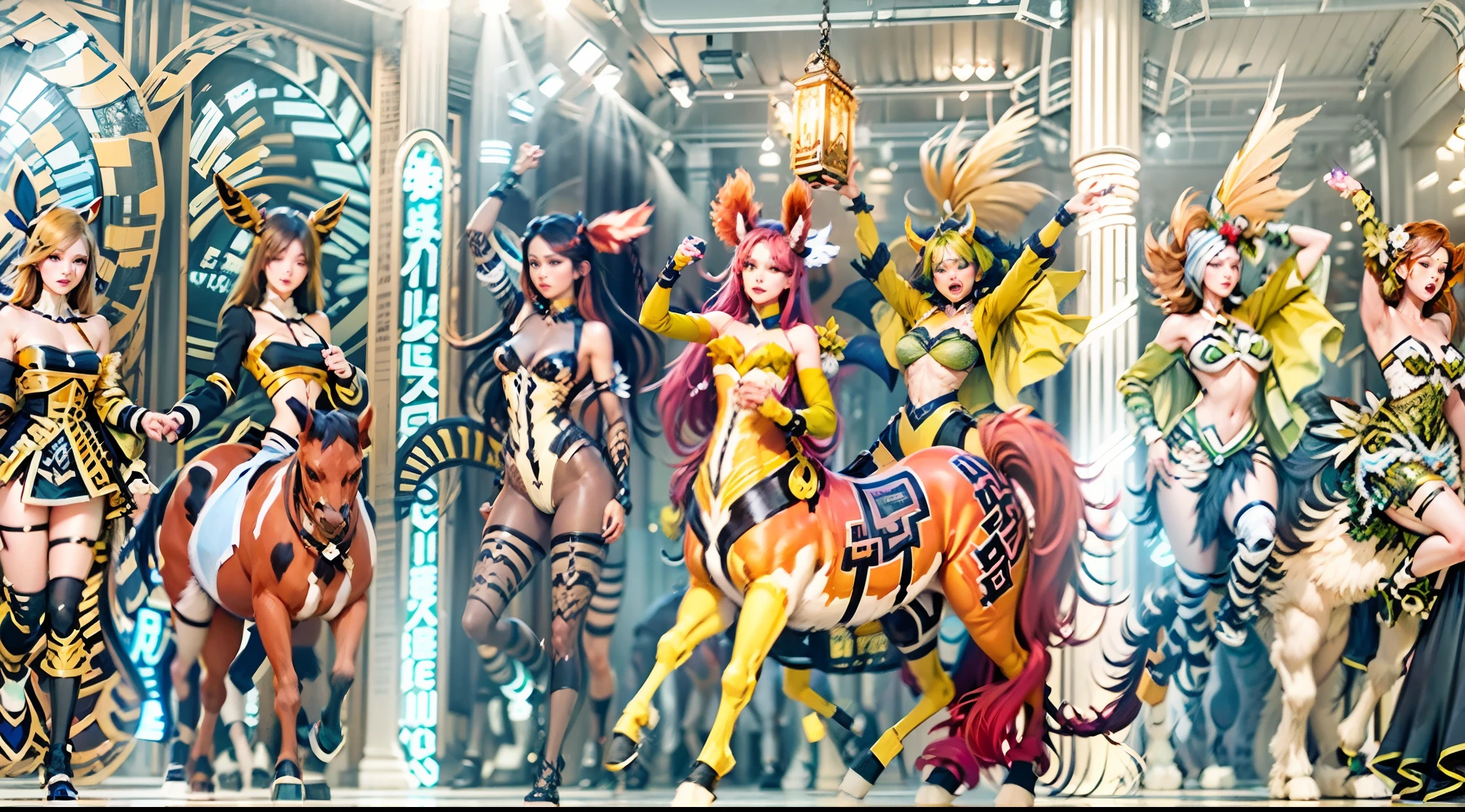 In the beautiful illustration of this super-grand scene,The ultra-long-range lens is shown(Eight unique centaur characters:9.9),They all have their own characteristics,Vivid and interesting。Radiant angelic centaurs from the heavenly realm,To the hellish centaurs surrounded by nightmarish flames,And then to the Wind Immortal Centaur dancing in the air,There are also one-horned centaurs surrounded by thunder and lightning,and mechanical centaurs that shine with metallic light,And then to the powerful dragon centaur with colored dragon scales covering the whole body,The elegant and agile elf centaur always wears a flower crown with its slender and graceful lines,Enchanting and charming Tiflin centaurs。Each character has their own unique charms and abilities。The illustration uses advanced artistic techniques and tools,(Divide the scene into sections by geometric arrangement:9.9),Each section corresponds to a centaur character,This makes more efficient use of space。Through Midjourney's advanced brush tools、Color palette、Material packs and model packs,Exquisite costumes and equipment are designed for each centaur,Enhances the character's personality and visual appeal。The scenery in the illustrations is stunning,There are changing skies、rainbowing、extreme light、Stars and Moon。Incorporating iconic landmarks such as Mount Everest,and fireworks、tranquil lake、Natural and urban elements of waves and neon lights,Creates a magical atmosphere。The centaurs showed off their skills and equipment in a variety of environments,This is true even in extreme alien landscapes。(Use Midjourney's tools、Material packs、Texture tools、The color palette makes depicting details vivid and realistic:9.9),From complex hairstyles and as well as different postures、Form factor、Clothing to real textures,This greatly enhances the realism of the characters and surroundings。The fusion of multiple art styles adds movement to the centaur's movement at all angles,The overall visual experience is further enriched