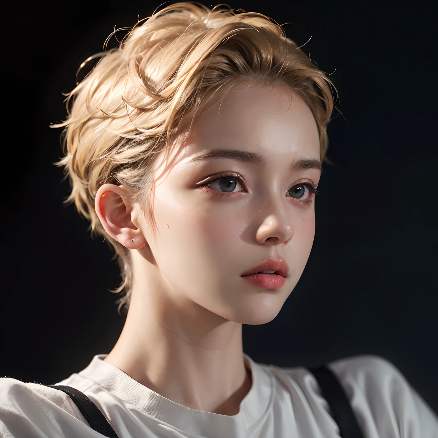 a 20 yo woman, blonde, (hi-top fade:1.3), dark theme, soothing tones, muted colors, high contrast, (natural skin texture, hyperrealism, soft light, sharp)