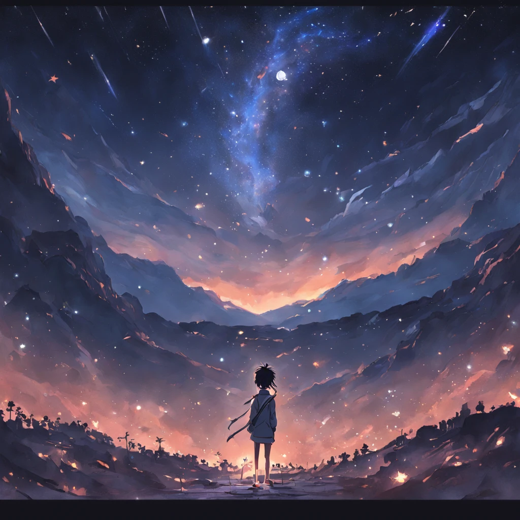 deep in the night，A boy makes a wish to the stars，Accompanied by animals，The bright moonlight shines on the mountains，An endless sense of nothingness is presented，The moonlight in the sky is also slowly fading
