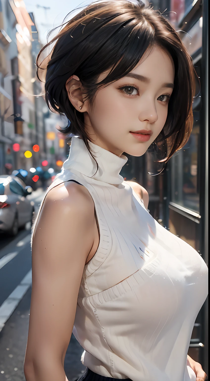 (8K, 超A high resolution, Best quality, masutepiece:1.2)、RAW portrait of japanese girl、超A high resolution、top-quality、 (huge-breasted,:1.6)、{Hide all breasts:1.2}{Off-white shorts:1.5}、(Wear a white sleeveless turtleneck sweater:1.5)、(hand to hip:1.6)、(In the street:1.2) Break (Natural skin texture、Detailed skin、Hyper-realism、ultra-sharpness)、intricately details、depth of fields、Sexy adult woman、Black hair short hair、toned butt、((tmasterpiece、top-quality、high detal))、(Photorealsitic:1.4)、独奏、Keep one's mouth shut、Smile happily、largeeyes、Distinct double eyelids、eyeslashes、Long neck、Absolute area、Clean collarbone、face perfect、Thin lips、a small face、(Gaze towards the viewer、highlights in the eyes、Light brown eyes、Gloss on lips)、(The entire body is shown from the side:1.3)
