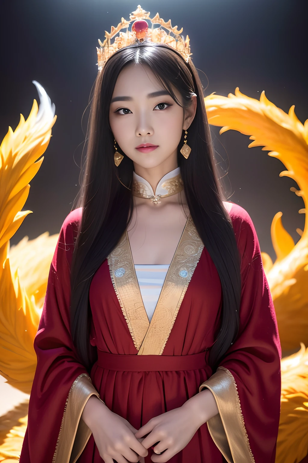32K(tmasterpiece,k hd,hyper HD,32K)Realistic young gravure idol,Long flowing black hair,Autumn Pond ,Red and white nine-tailed fox protector (realisticlying:1.4),Carp pattern red robe,Purple-pink tiara,Petals flutter,The background is pure,Hold your head high,Be proud,The nostrils look at people, A high resolution, the detail, RAW photogr, Sharp Re, Nikon D850 Film Stock Photo by Jefferies Lee 4 Kodak Portra 400 Camera F1.6 shots, Rich colors, ultra-realistic vivid textures, Dramatic lighting, Unreal Engine Art Station Trend, cinestir 800,Hold your head high,Be proud,The nostrils look at people