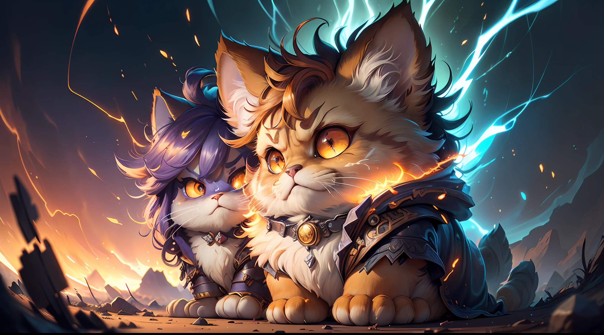 Hyperdetailed Painting, Jean-Baptiste Monge Style, persian cat Anthropomorphic, steampunk ,, , (extremely intricate robes, magical robes orange and purple), (extremely detailed background), ((dynamic background)), ((lightning)), (light rays), ,, , highest quality,, very angry face, body fitness, full body, long hair with braids , at night in the cemetery with fireflies , casting lightning, electricity, swirling fire, radiating power, sparks, smoke, magic, ((dramatic)), epic, battlefield, depth of field, bokeh, 4k, gothic, ember, particles stands imposing in an ancient lost city. Chiseled perfect body, insanely handsome and masculine face. Sunlight highlights his muscles and scars. The scenery is lush and mysterious, with ruins and vegetation. The camera details everything.
