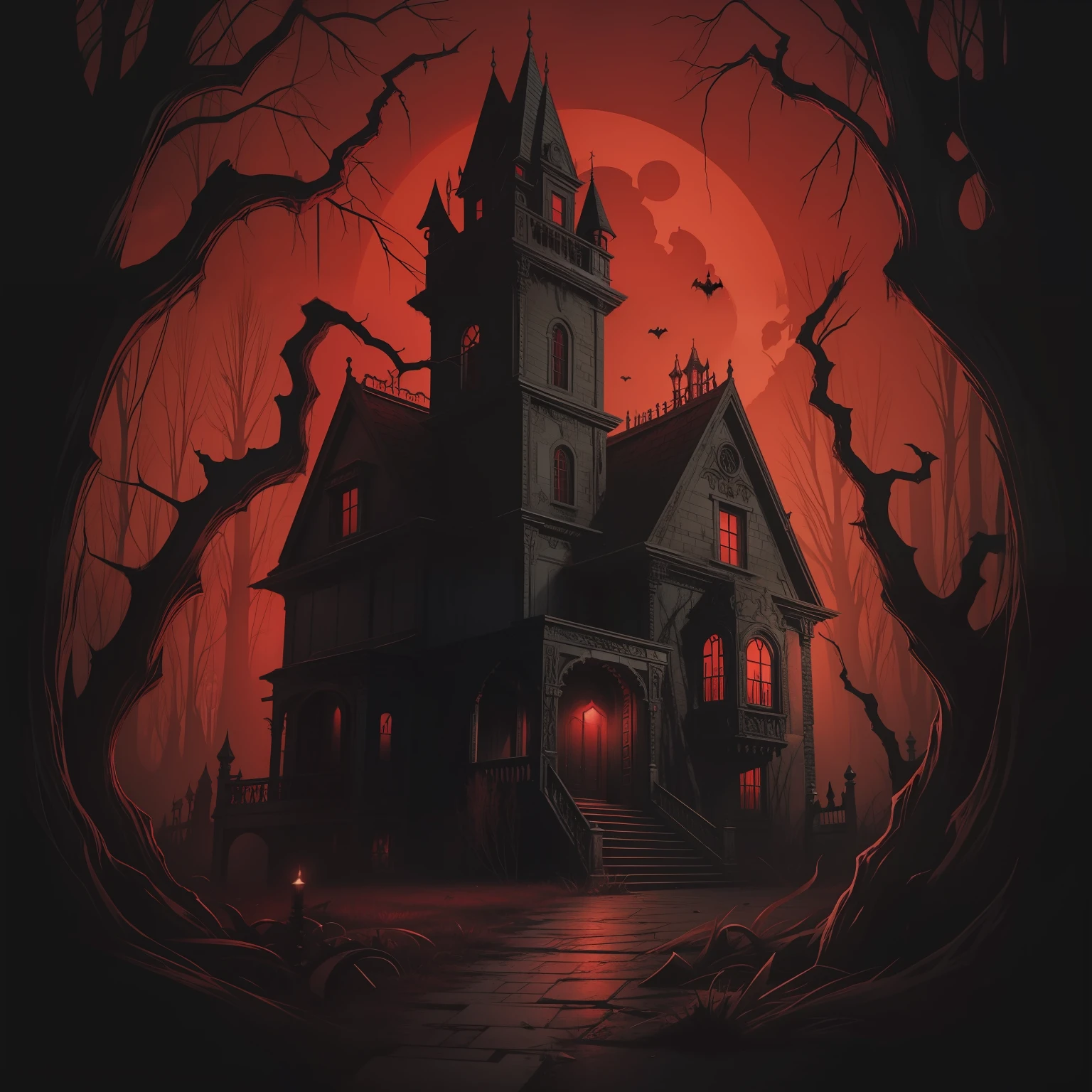 Logo para um canal no youtube imagem de uma casa assustadora com uma luz vermelha, arte de terror elegante, arte de terror 4k detalhada, just art for dark metal music, haunted house, arte de terror, spooky mansion, arte detalhada assustadora em cores, gothic horror vibes, arte de fantasia de terror, horror wallpaper aesthetic, haunted house themed, arte de terror digital, horror illustration, Arte de terror